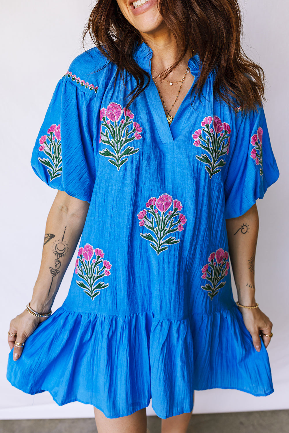 Blue Flower Embroidered Split Neck Short Puff Sleeve Ruffle Hem Dress