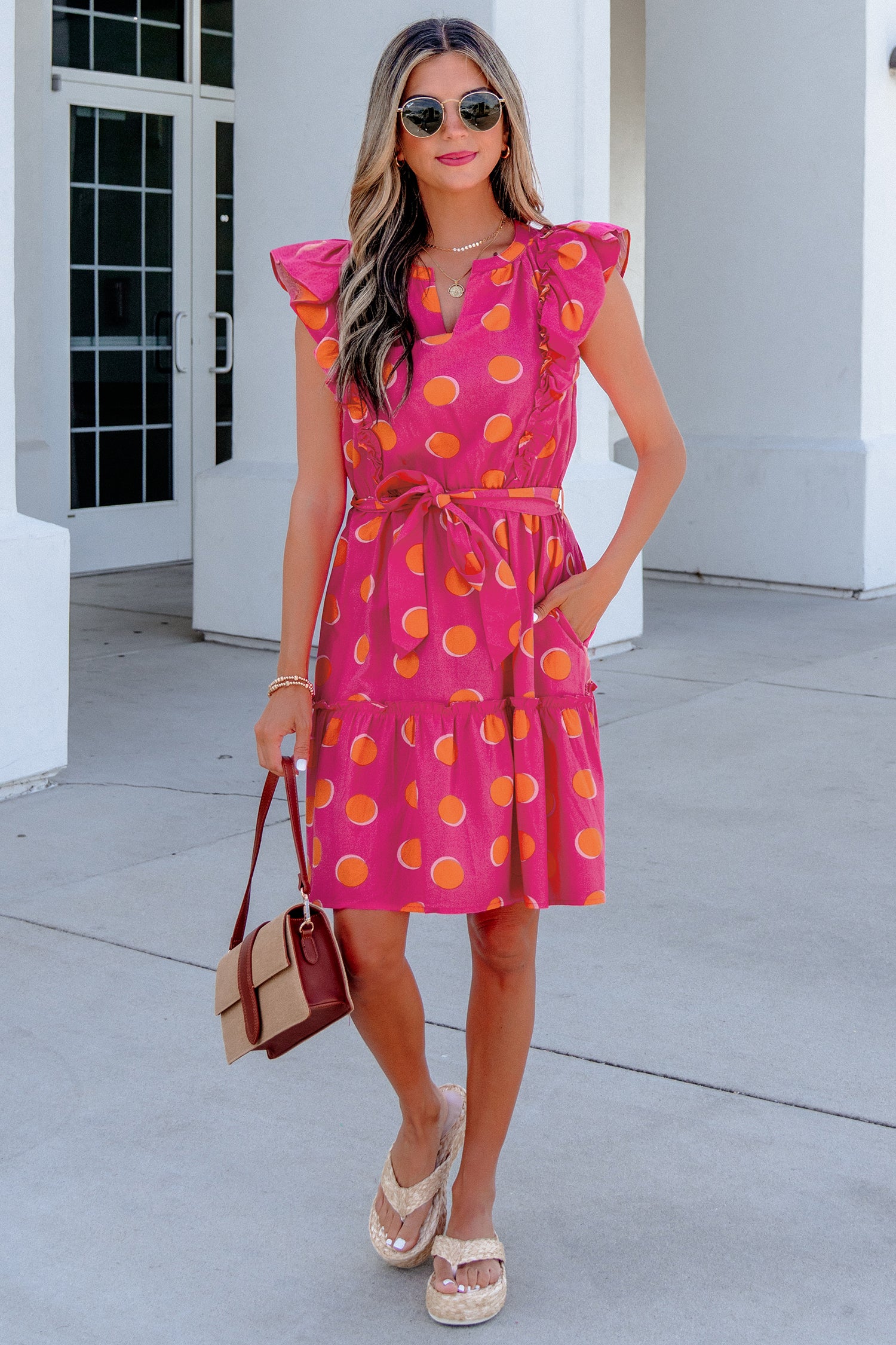 Rose Double Polka Dot V Neck Ruffled Short Sleeve Dress