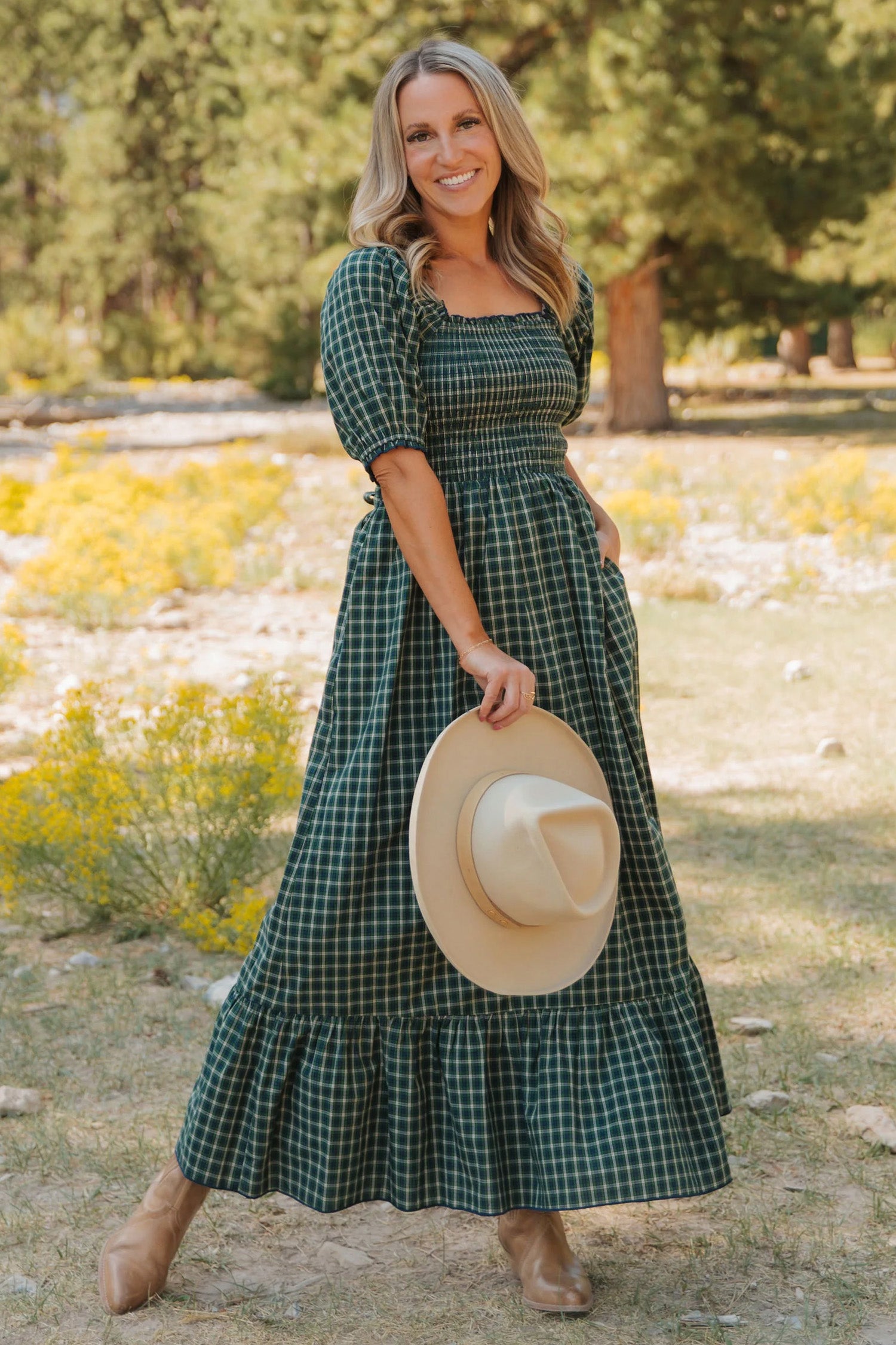 Green Plaid Square Neck Shirred High Waist Ruffle Hem Dress
