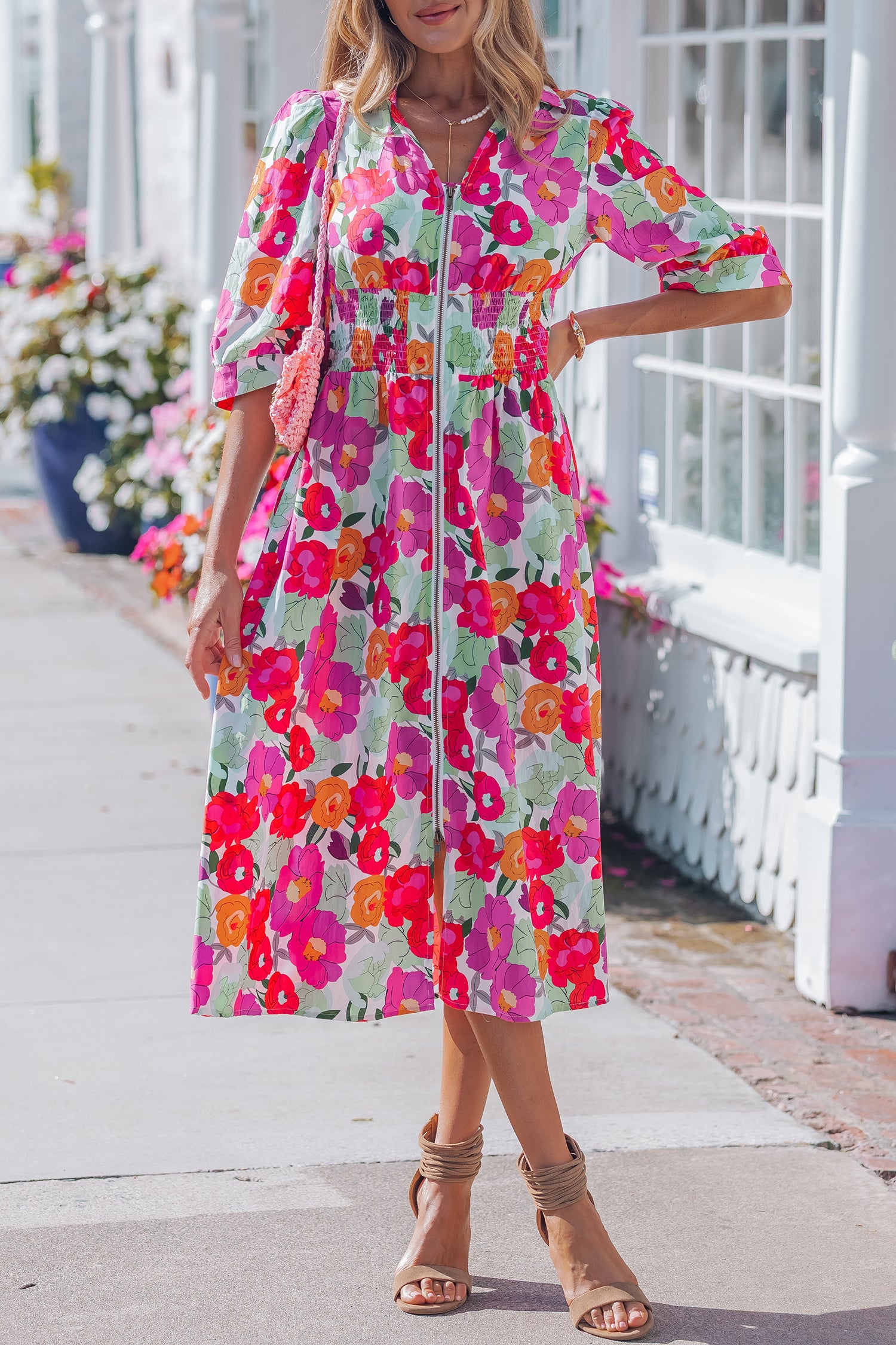 Rose Vibrant Floral Print V Neck Zip Up Puffy Half Sleeve Dress
