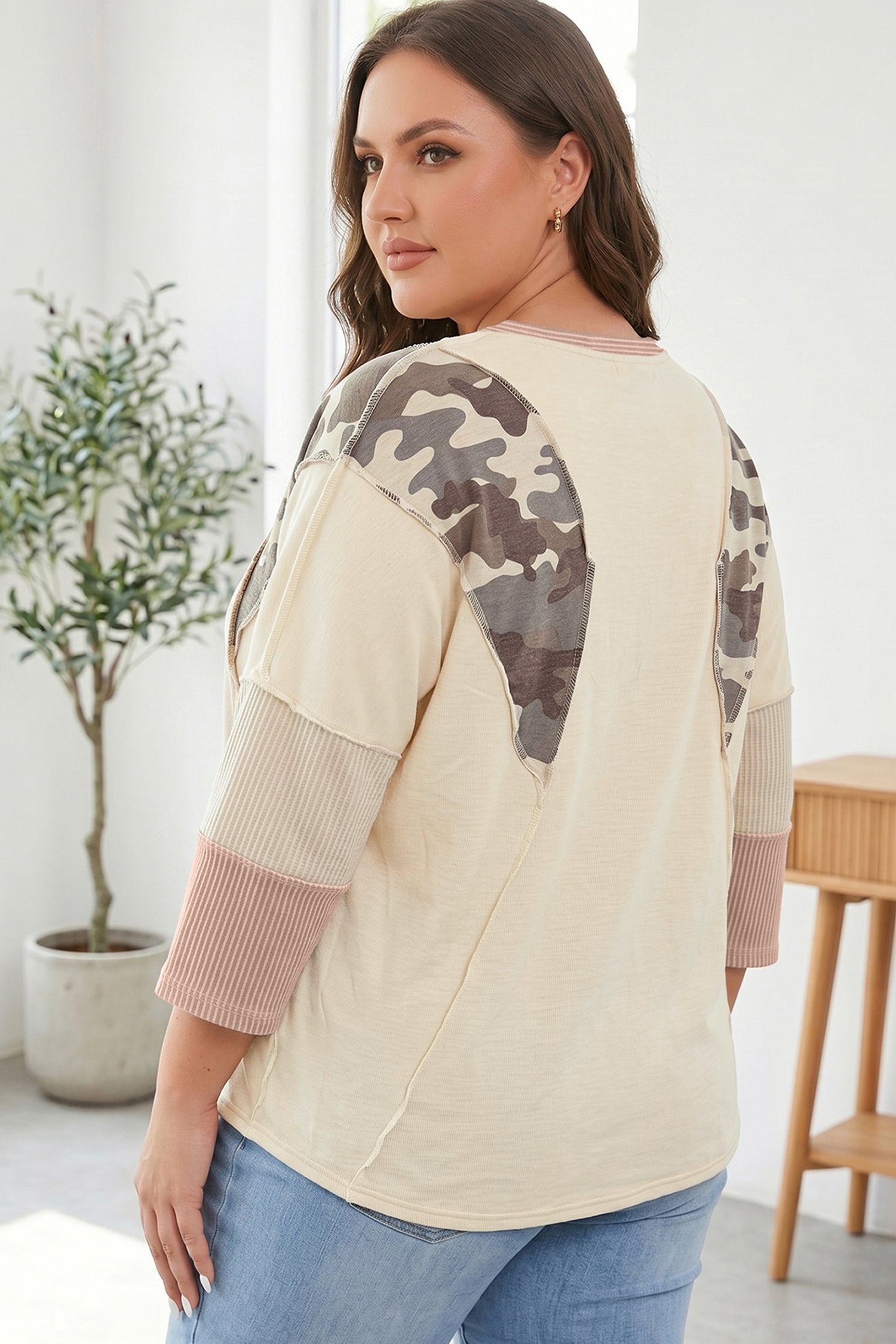 Apricot Camouflage Panel Twist Rib Sleeve Round Neck Loose Fit Plus Size Blouse