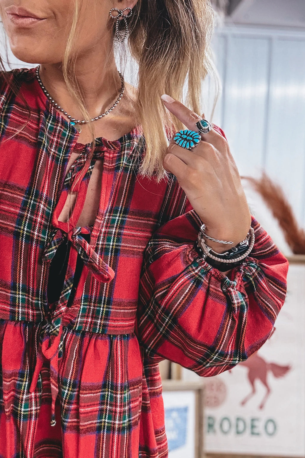 Red Plaid Tie Front Long Sleeve Short Shift Dress