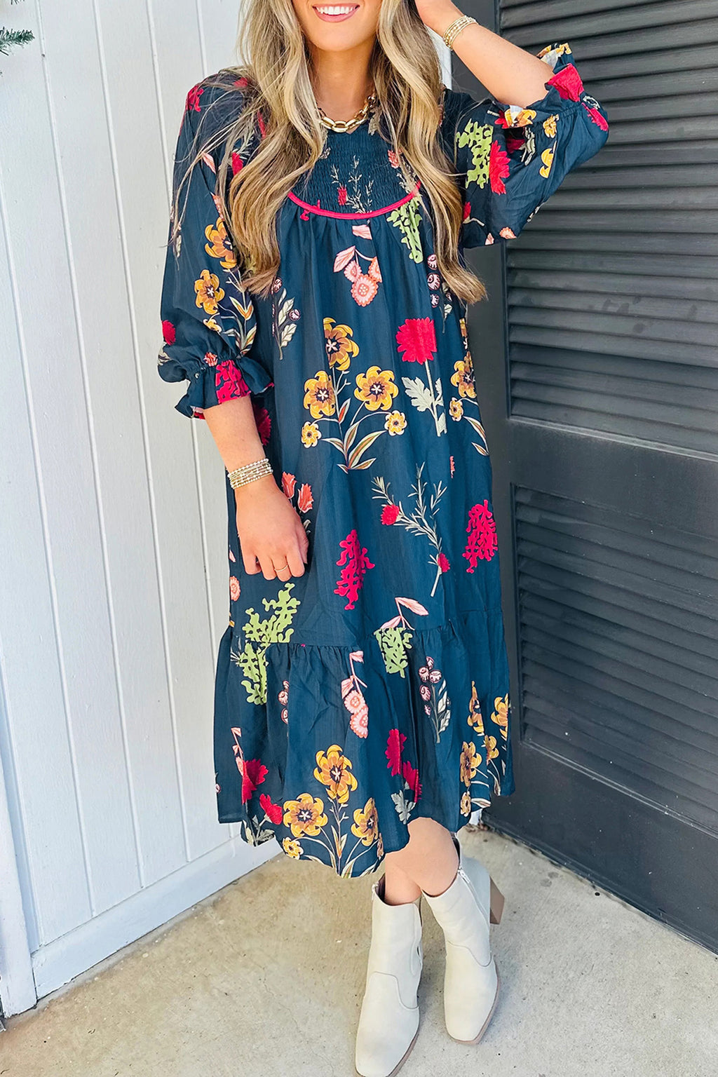 Blue Floral Print Gathered Neckline 7/8 Sleeve Casual Midi Dress