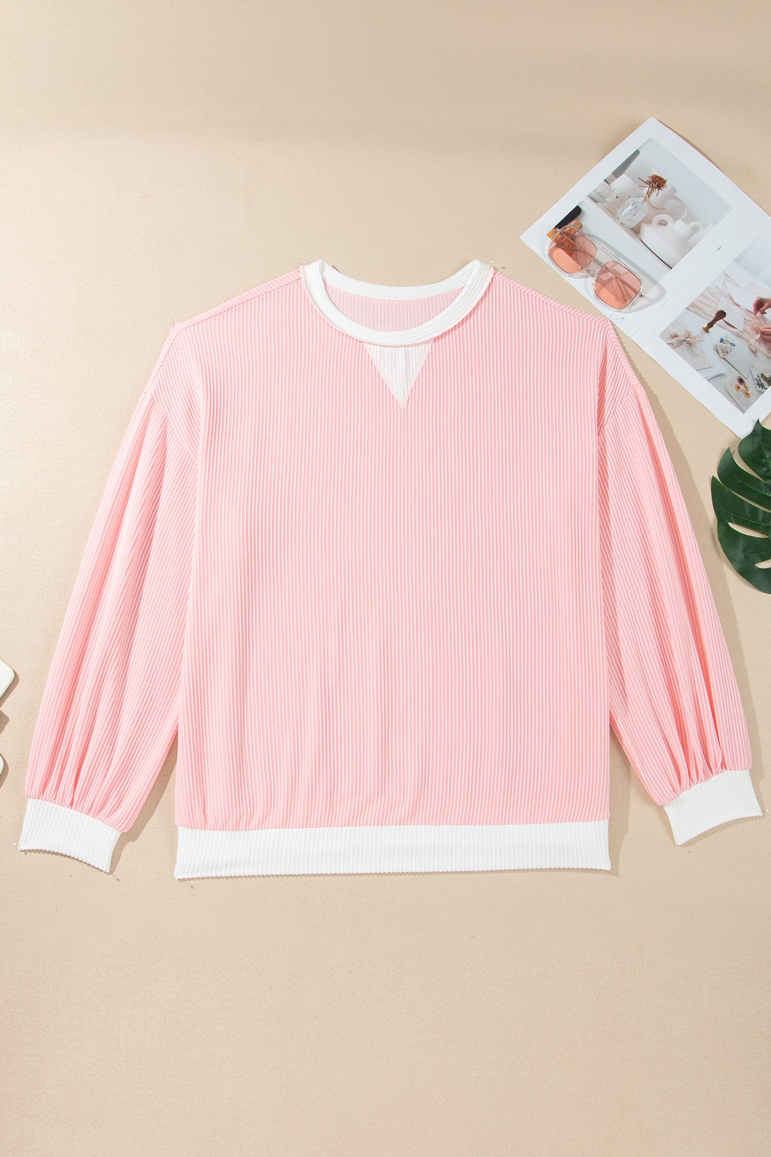 Pink Ribbed Knit Colorblock Long Sleeve Round Neck Plus Size Blouse