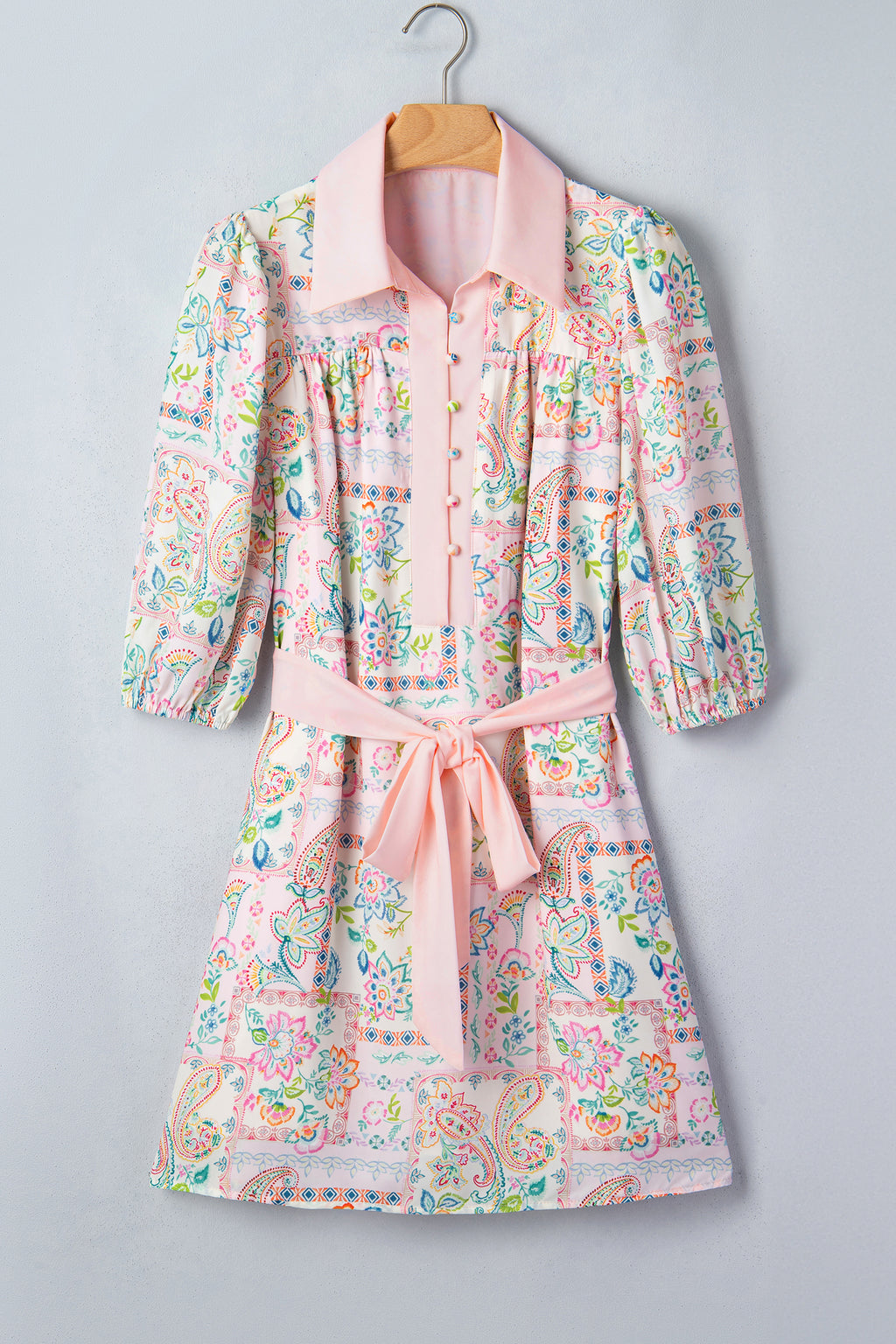 Pink Boho Floral Print Color Block Trim Half Button Belted Mini Dress