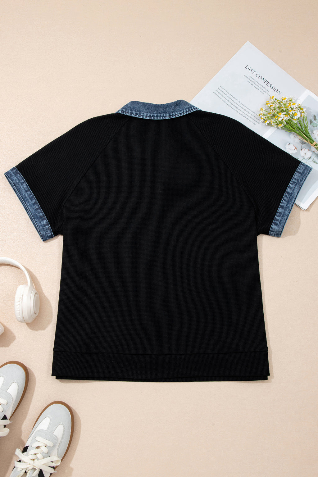 Black Plus Size Textured Contrast Denim Patchwork Button Polo Tee
