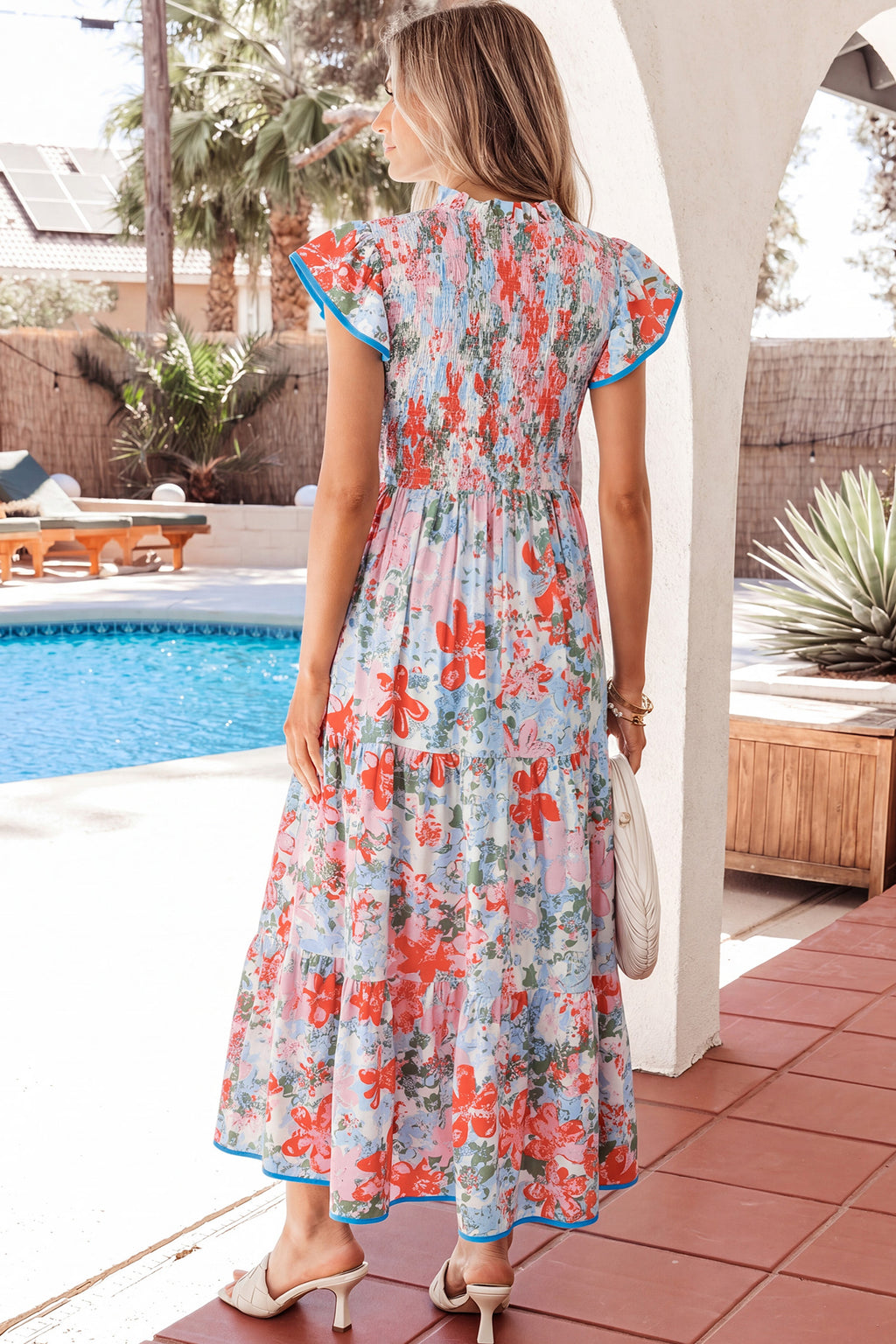 Apricot Floral Print V Neck Contrast Trim Flutter Sleeve Long Dress