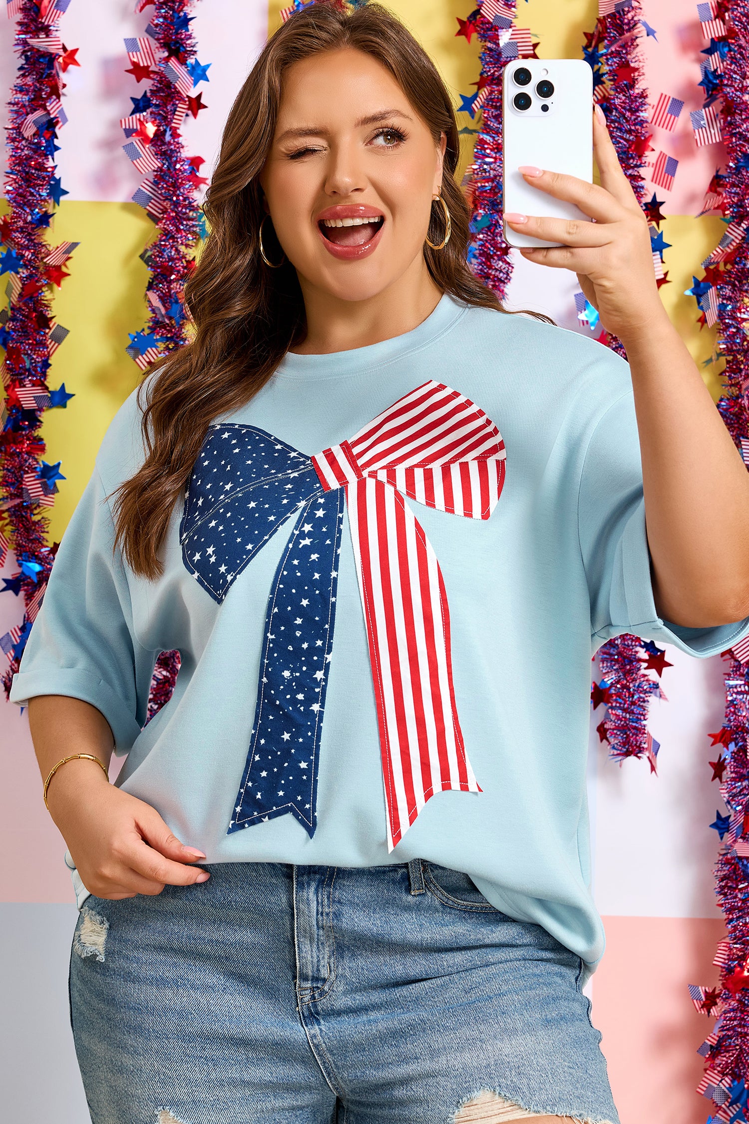 Beau Blue Plus Size Patriotic Bow Patchwork Graphic T-Shirt
