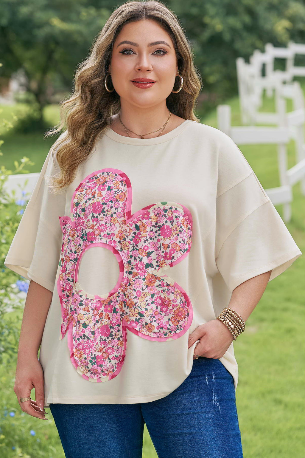Jet Stream Big Flower Patched Plus Size Tunic T-Shirt