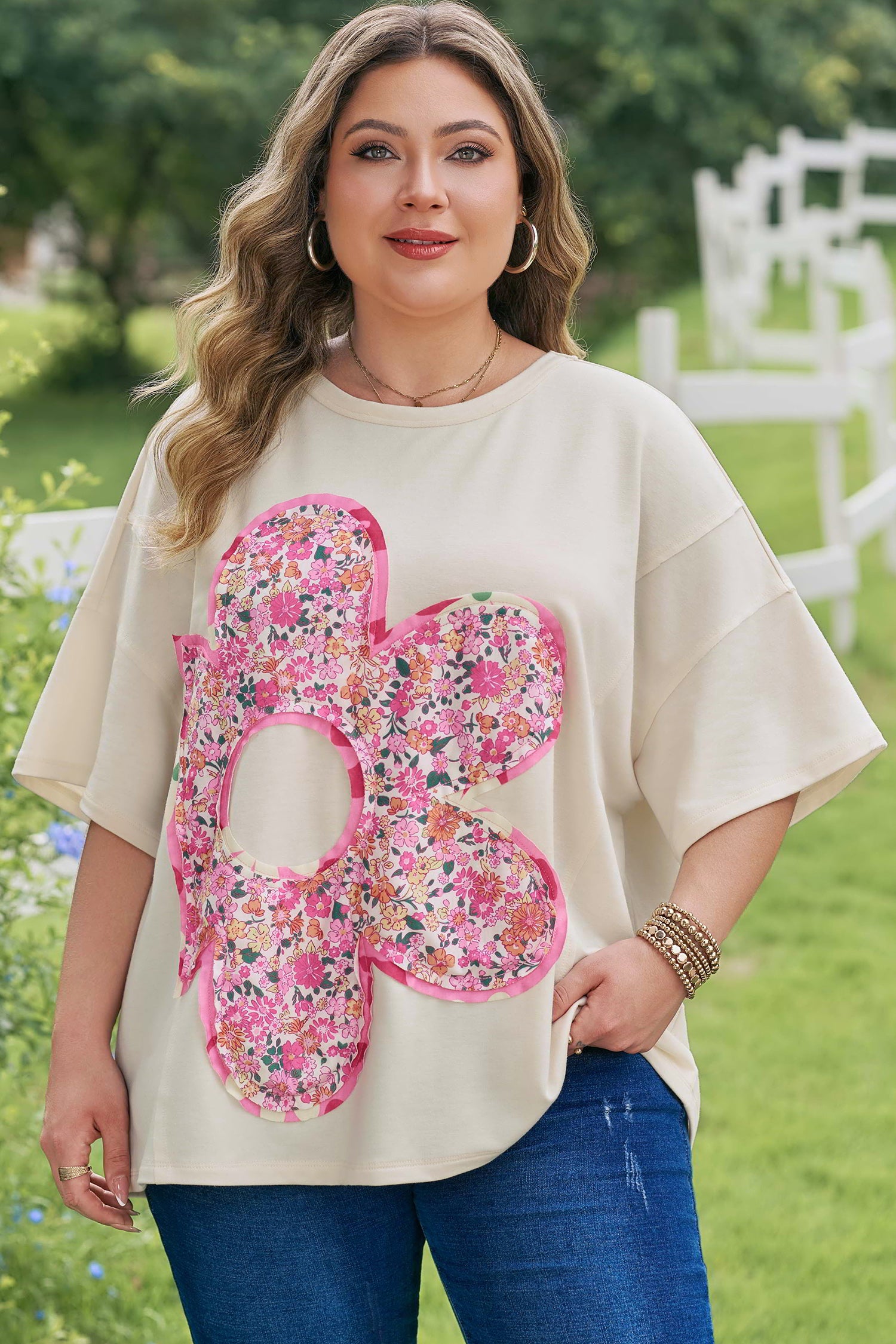 Jet Stream Big Flower Patched Plus Size Tunic T-Shirt