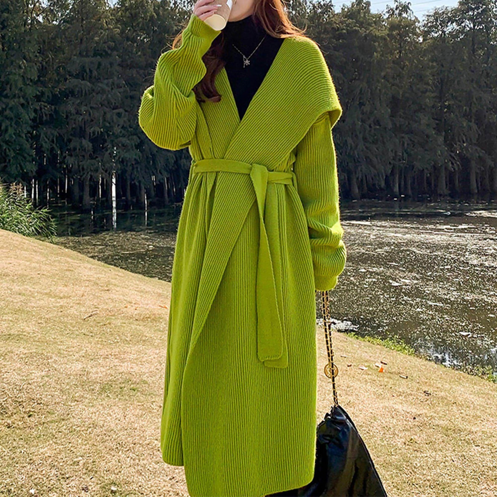 Suéter de lana de alpaca verde para mujer, abrigo, cárdigan, ropa hecha a mano