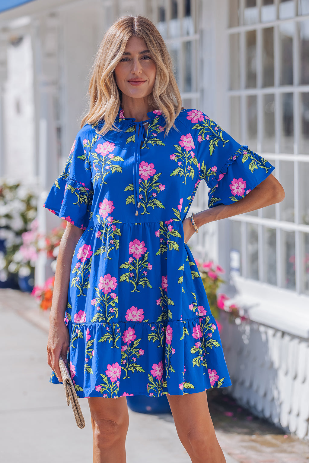 Blue V Neck Short Sleeve Loose Flower Dress