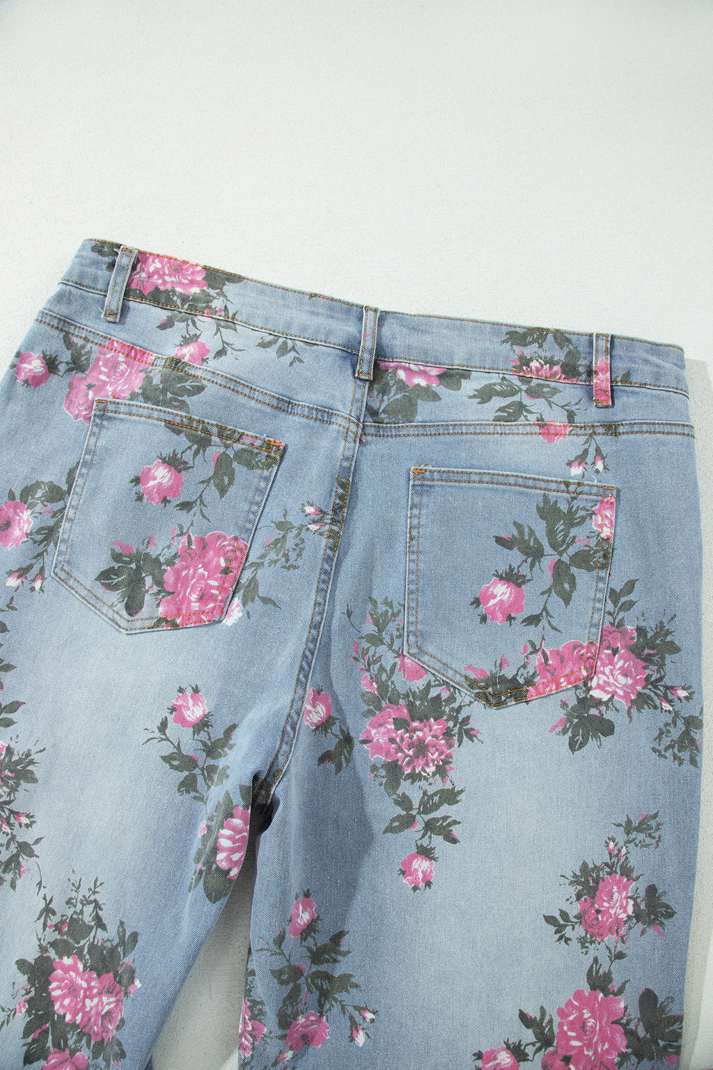 Sky Blue Plus Size Floral Print Ankle Length Loose Jeans