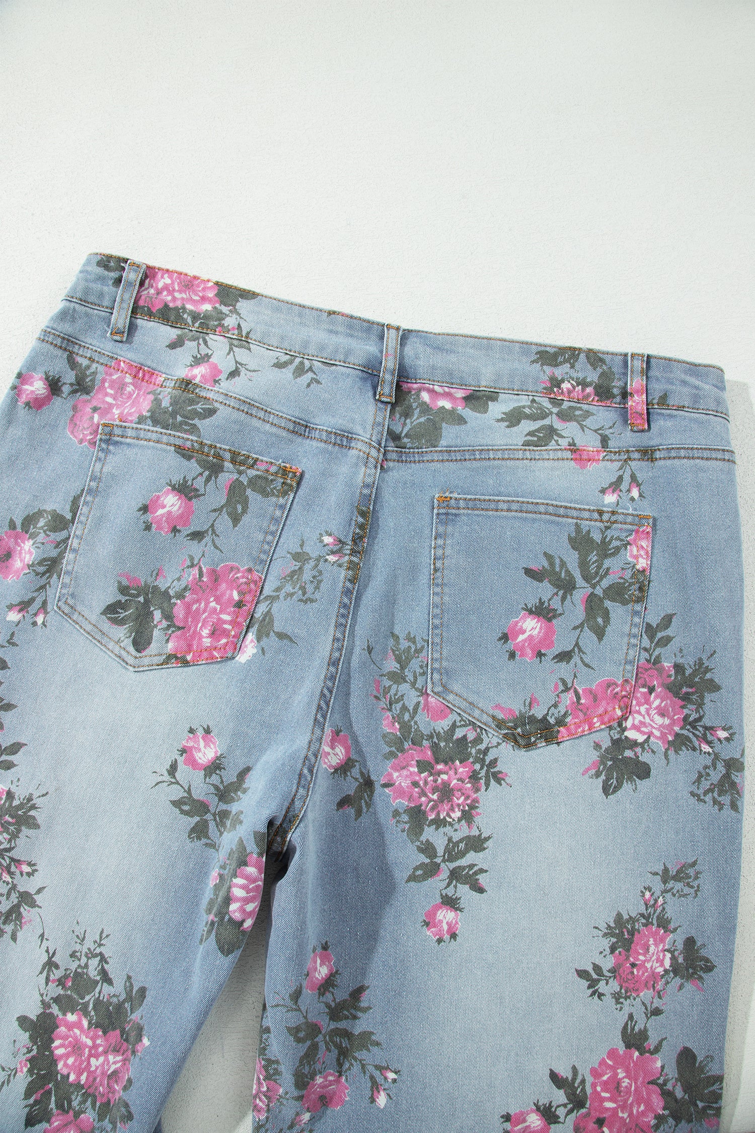 Sky Blue Plus Size Floral Print Ankle Length Loose Jeans