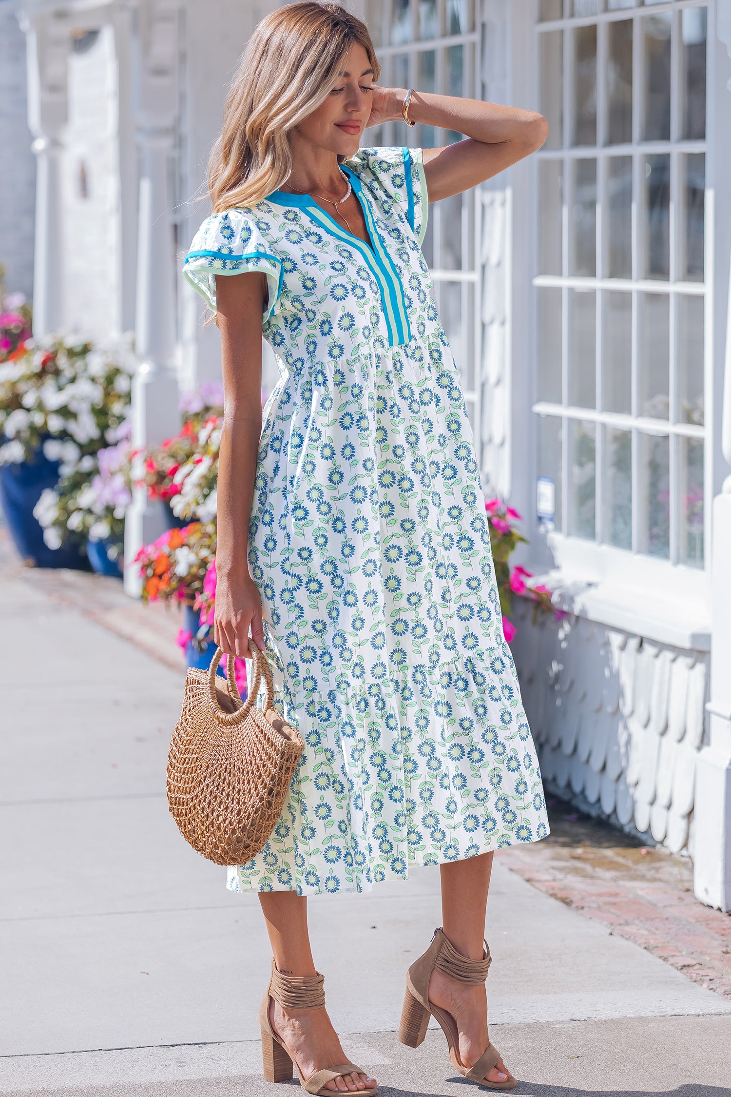 Sky Blue Cute Sunflower Printed Striped Patchwork Trim Flutter Sleeve Long Dress