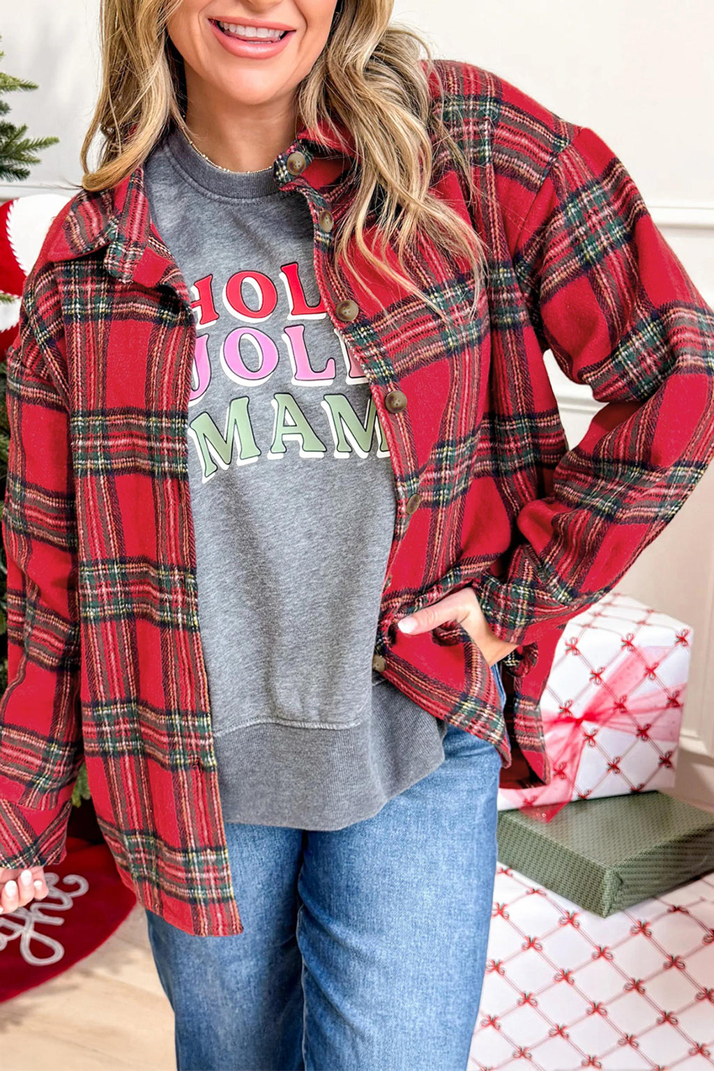 Red Plaid Button Front Shacket
