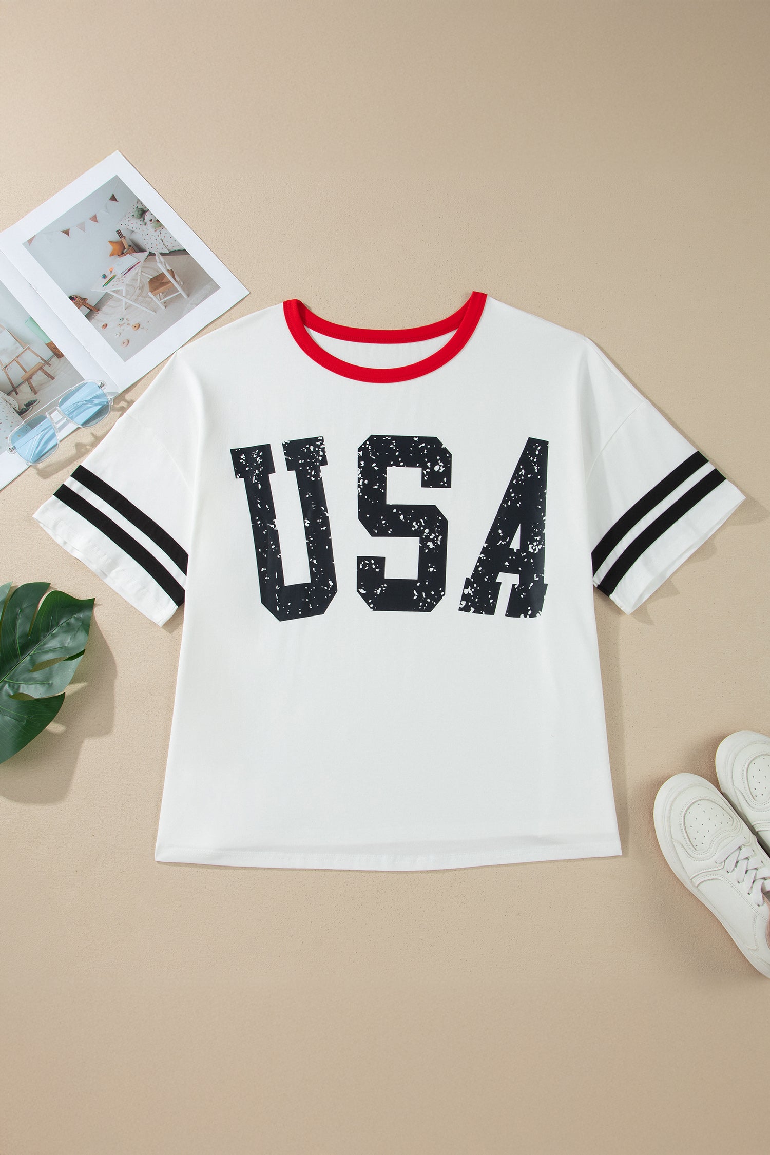 White Retro USA Striped Trim Short Sleeve Plus Size Tee
