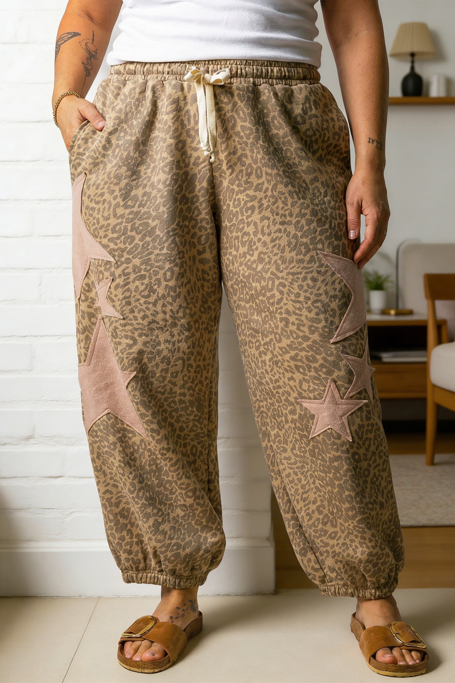 Khaki Plus Size Leopard Print Western Star Patched Jogger Pants