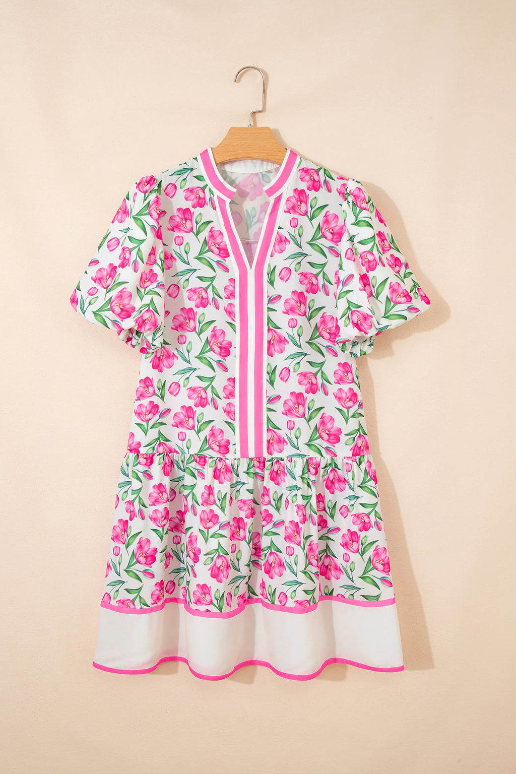 Multicolour Sweet Floral Print Striped Color Block Trim Short Dress
