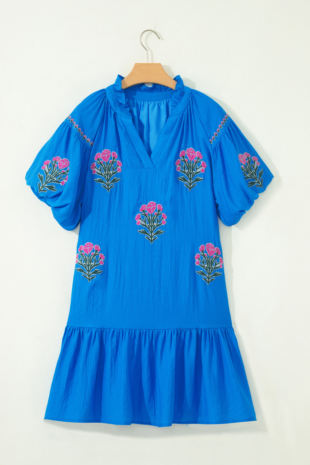 Blue Flower Embroidered Split Neck Short Puff Sleeve Ruffle Hem Dress