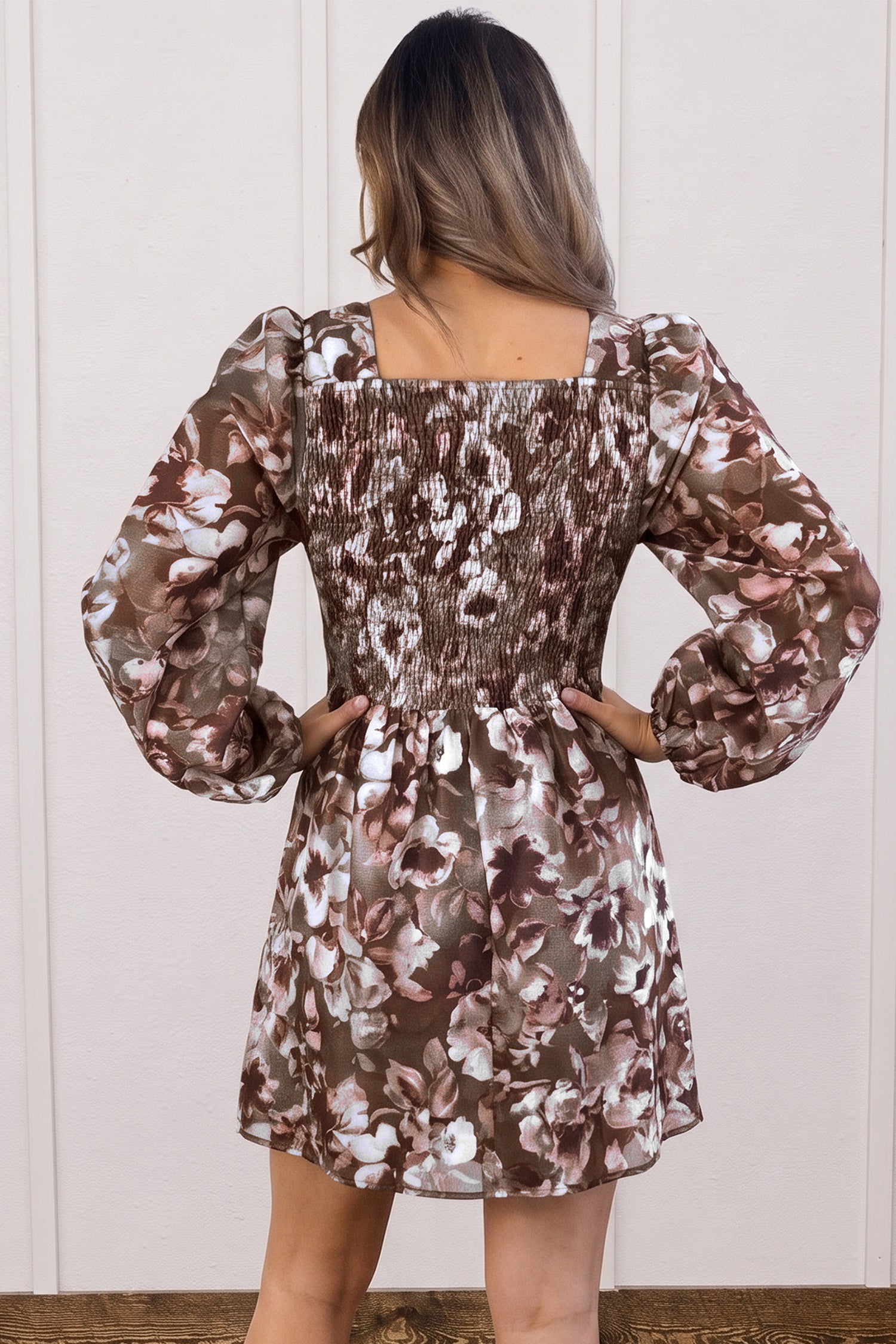 Brown Abstract Floral Print Square Neck Long Sleeve Mini Shift Dress