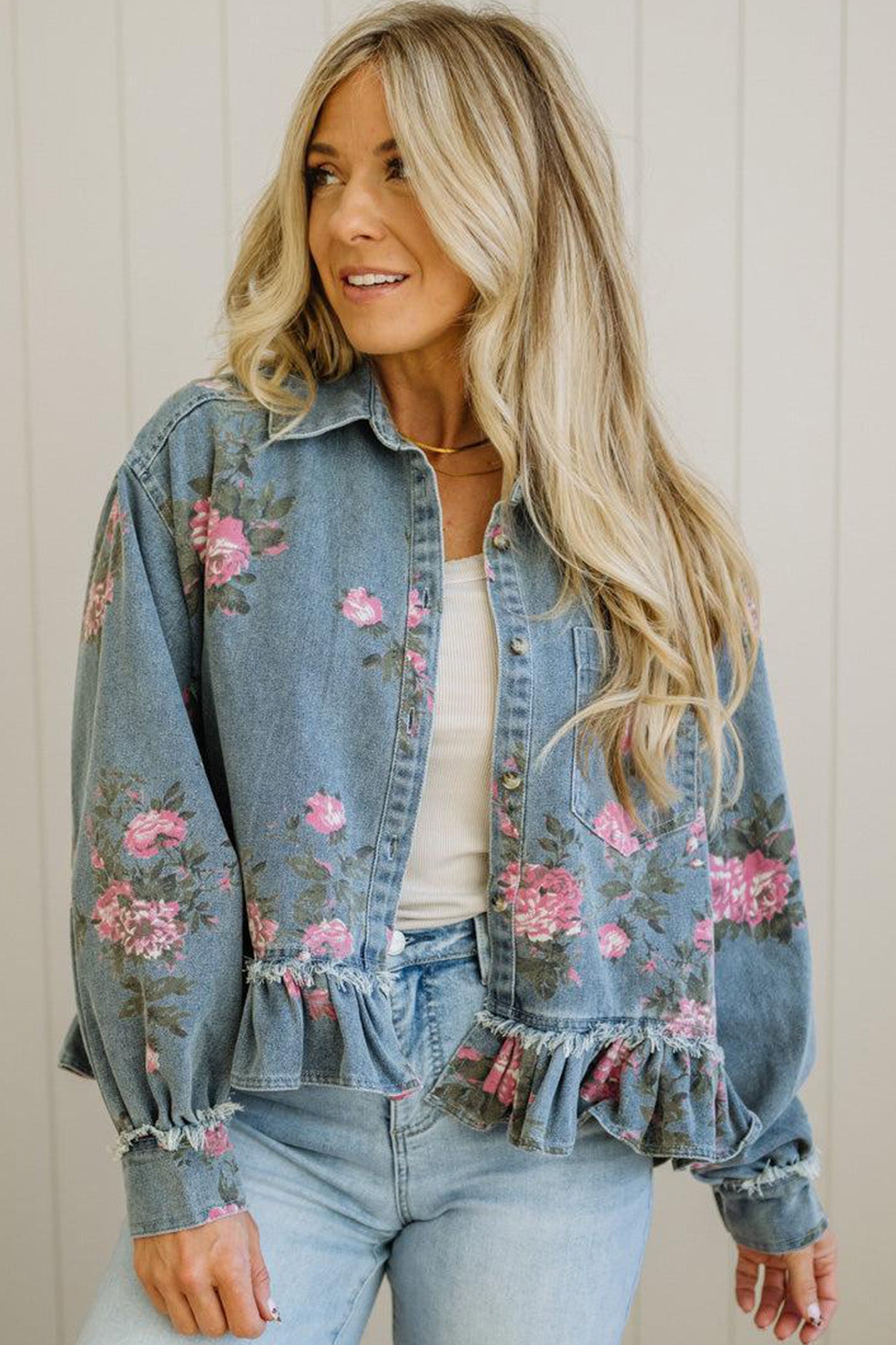 Sky Blue Floral Print Raw Seam Ruffle Hem Denim Jacket