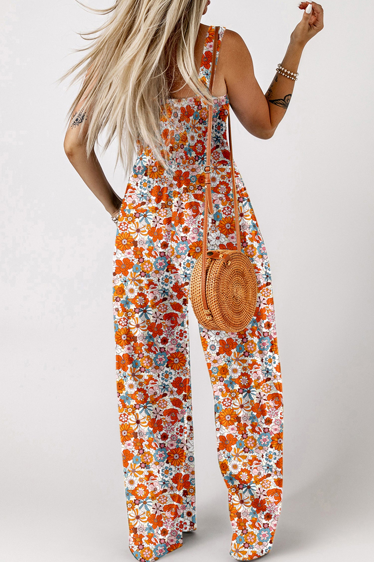 Orange Floral Print Sleeveless Smocked Shift Jumpsuit
