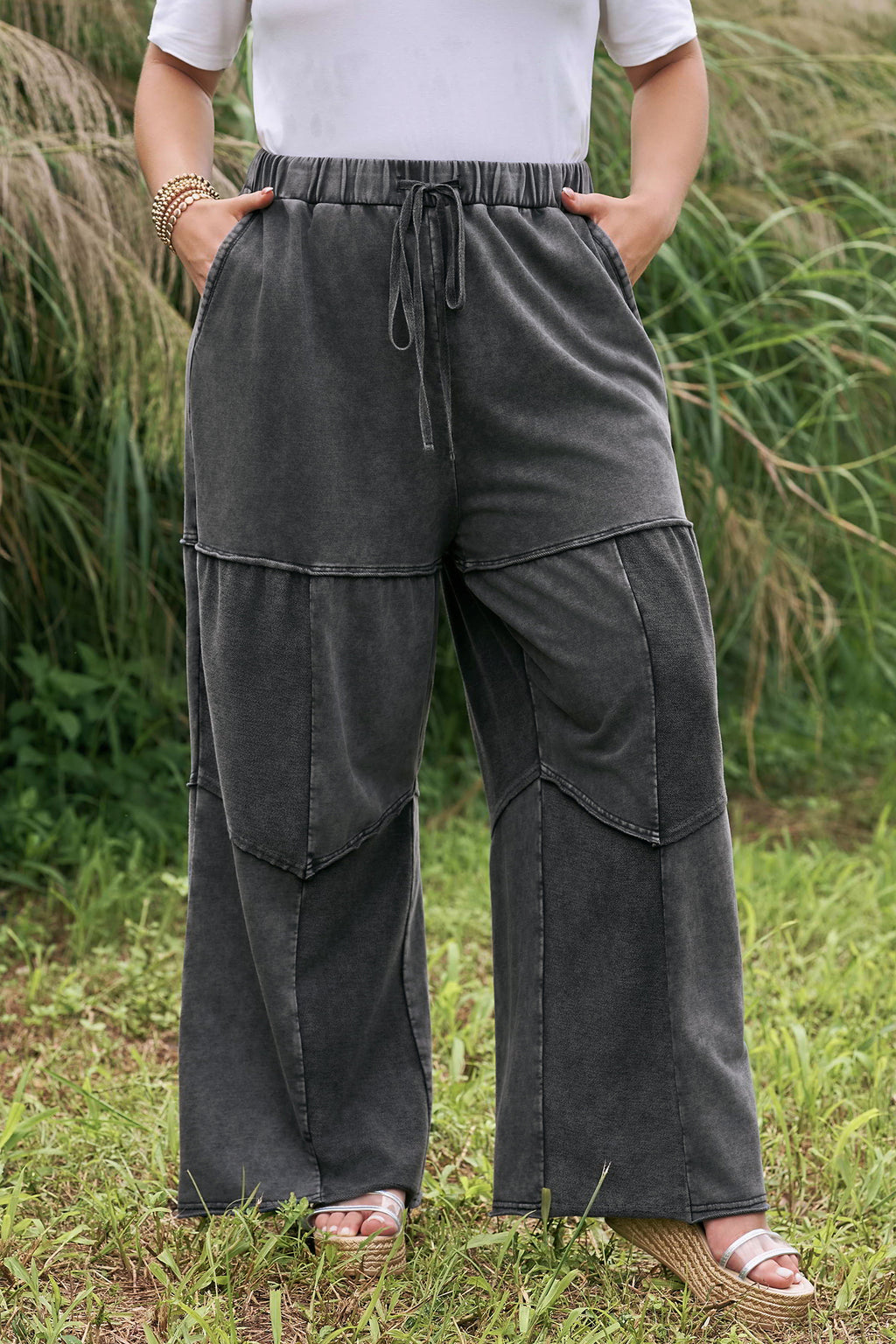 Black Plus Size Mineral Wash Exposed Seam Patchwork Drawstring Loose Pants