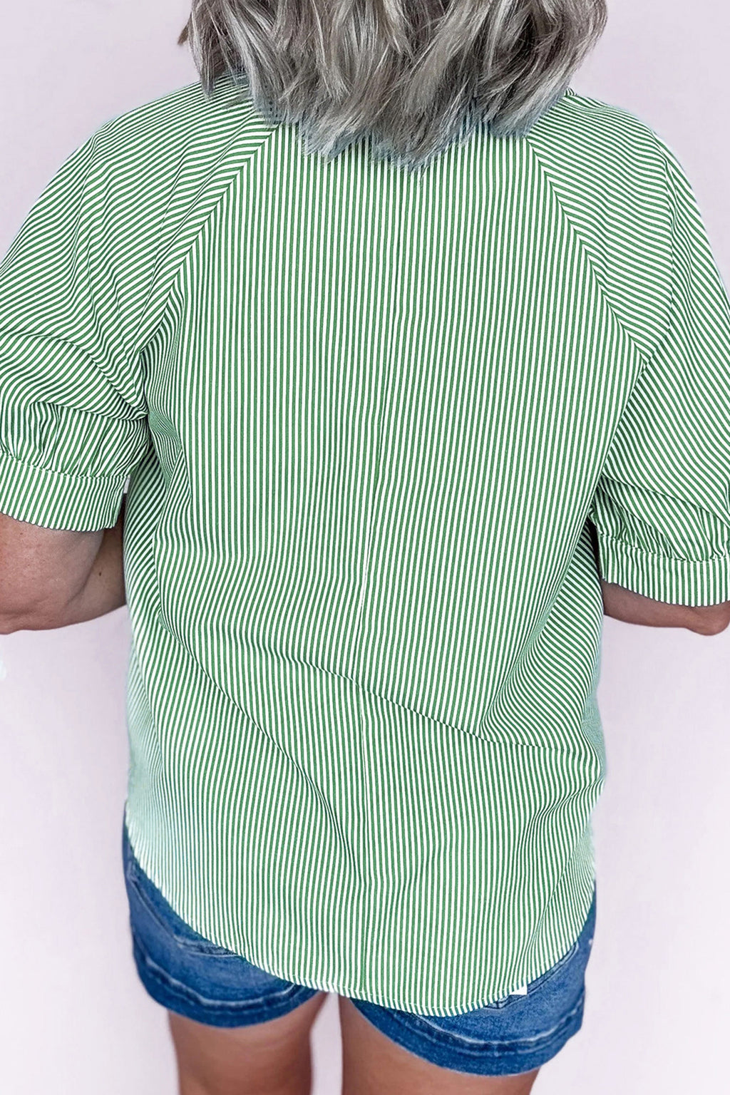 Mint Green Plus Size Striped Print Collar V Neck Short Sleeve Blouse