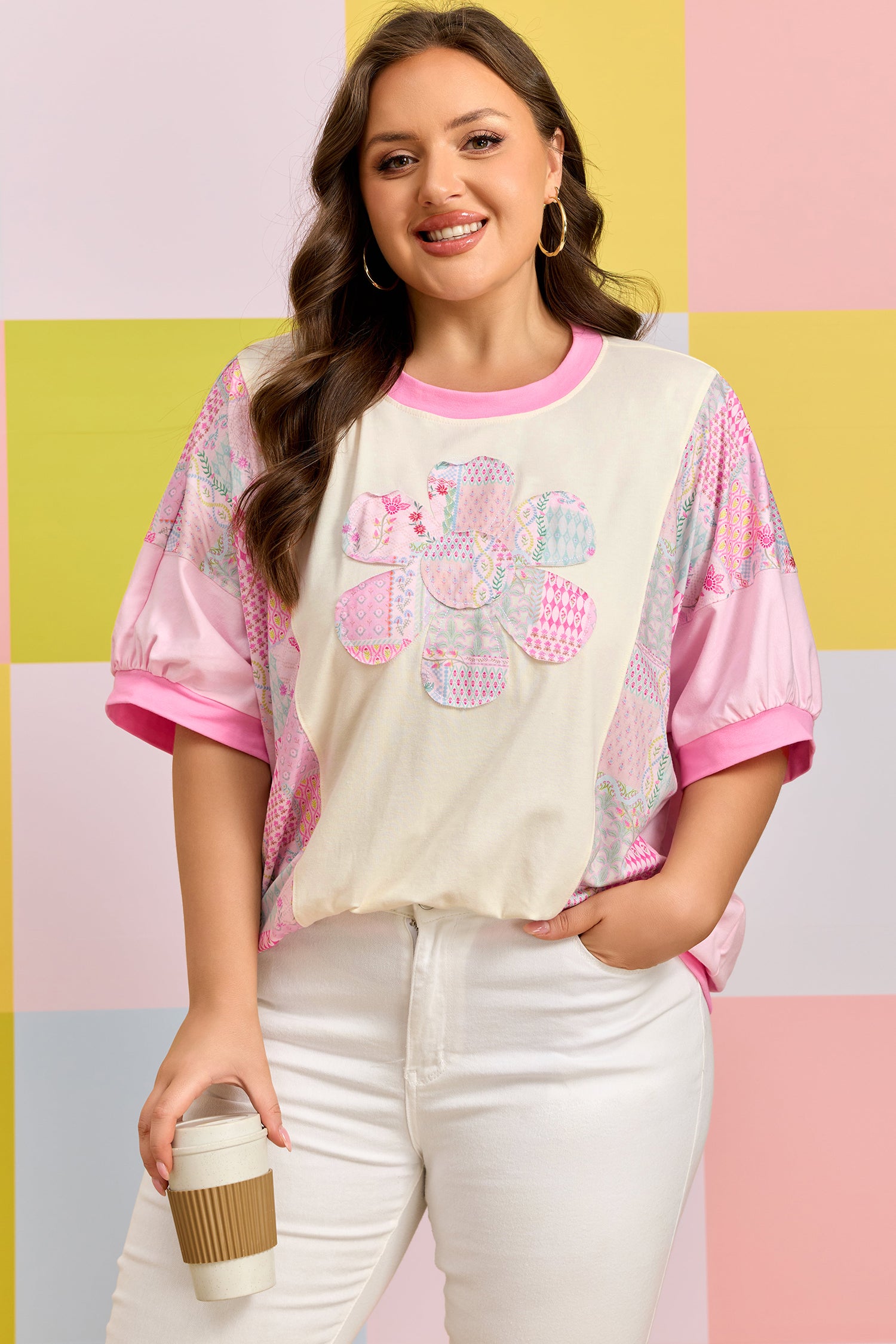 Beige Plus Size Floral Patchwork Short Sleeve Patch Embroidery Cotton T Shirt