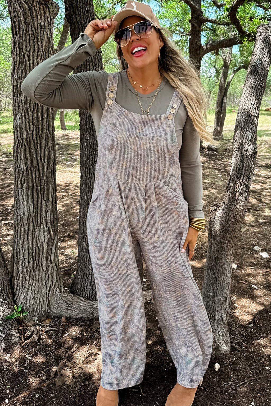 Brown Camouflage Twist Ribbed Sleeveless Full-Length Casual Jumpsuit