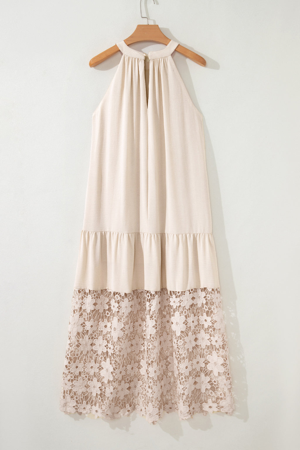 Beige Sheer Hollowed Floral Lace Hem Patchwork Loose Halter Summer Dress