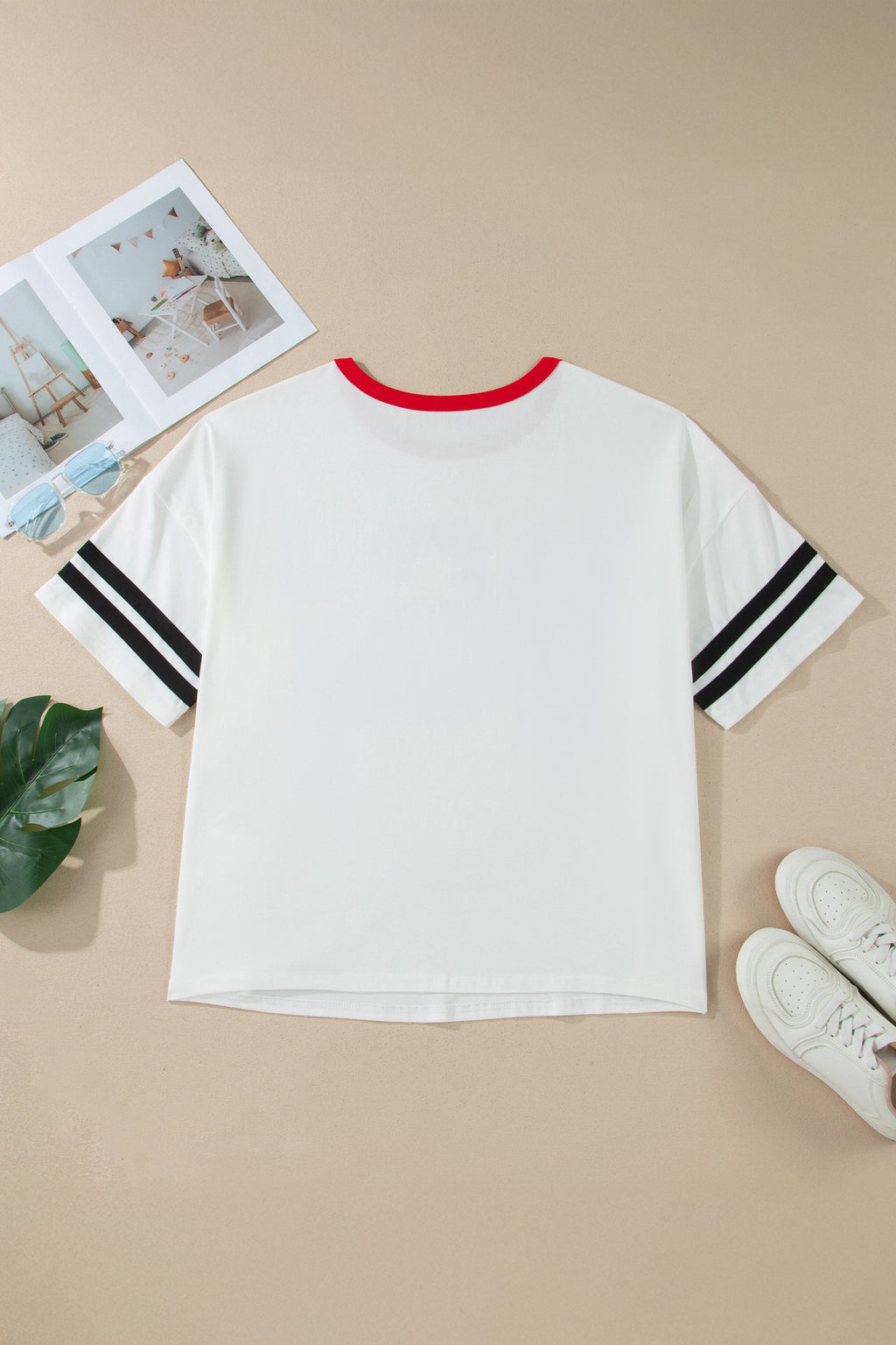 White Retro USA Striped Trim Short Sleeve Plus Size Tee