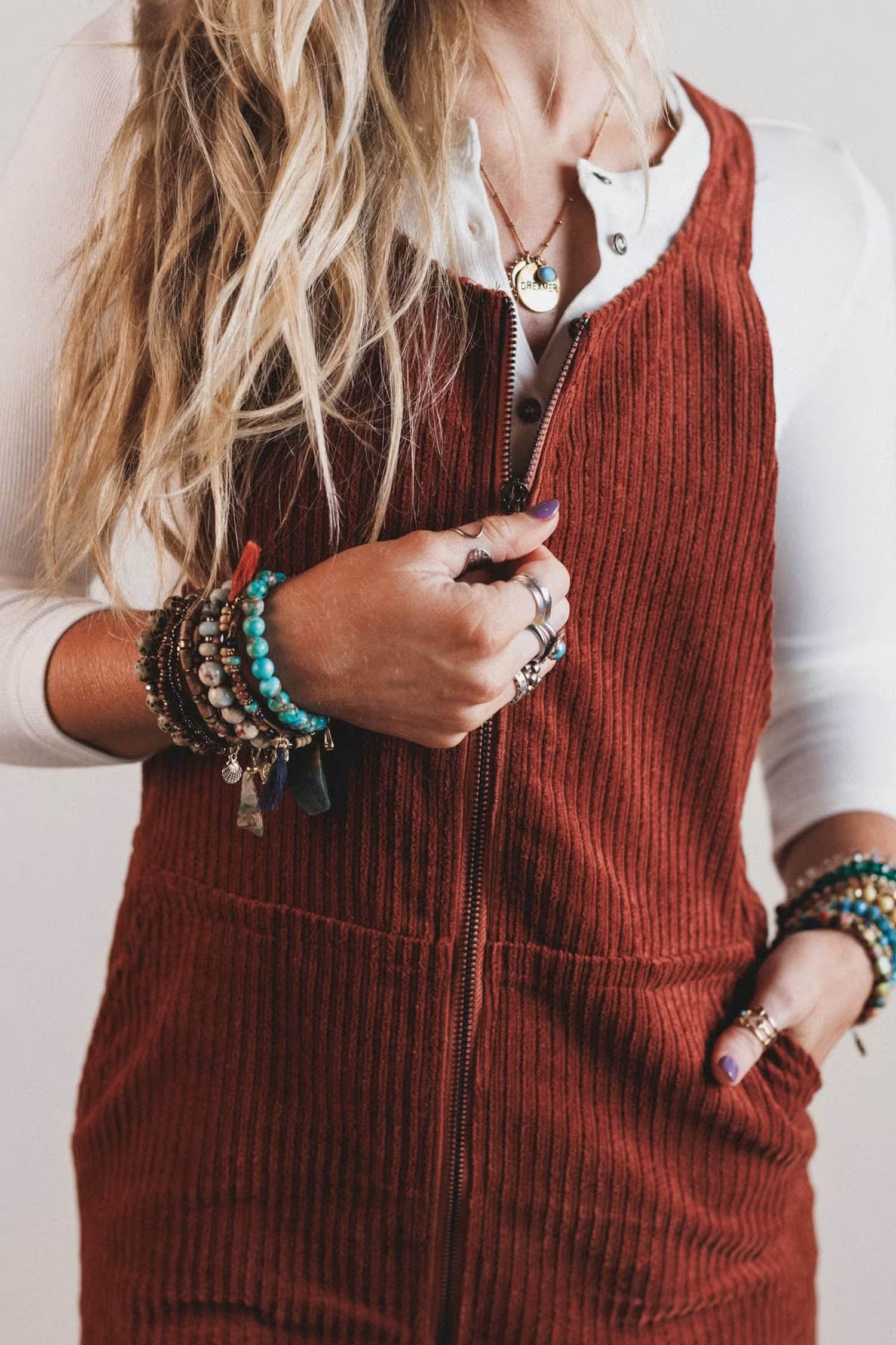 Clay Ribbed Corduroy Zip-Up Sleeveless Pocket Sheath Dress