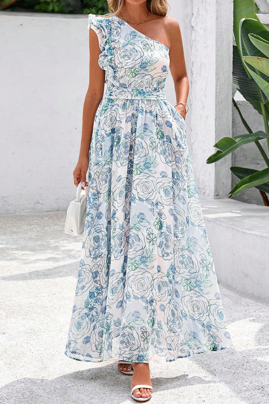 Sky Blue Floral Print Ruffled One Shoulder Vacation Maxi Dress