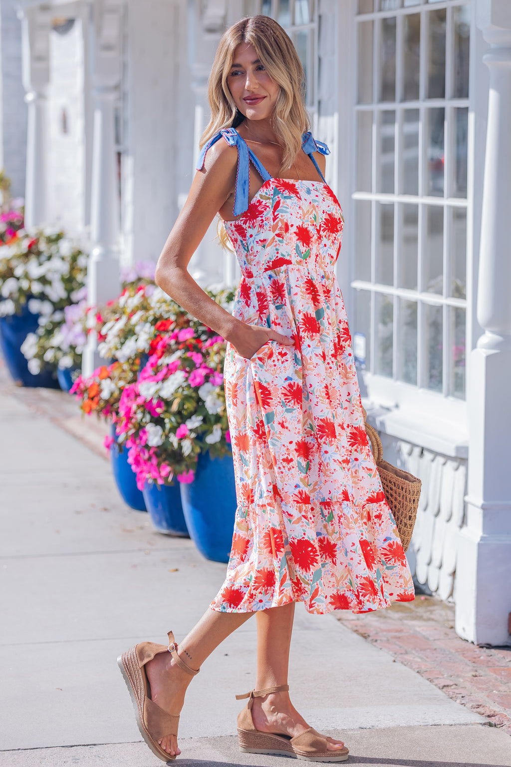 Yellow Floral Print Contrast Stitched Knot Denim Straps High Waist Dress