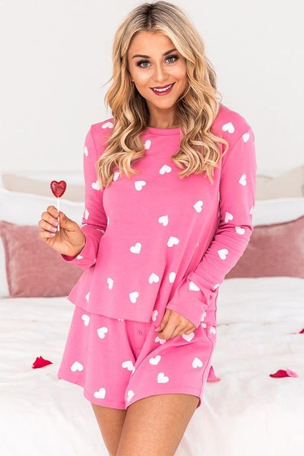 Pink Valentine Heart Print Long Sleeve T -Shirt und Shorts Lounge Set