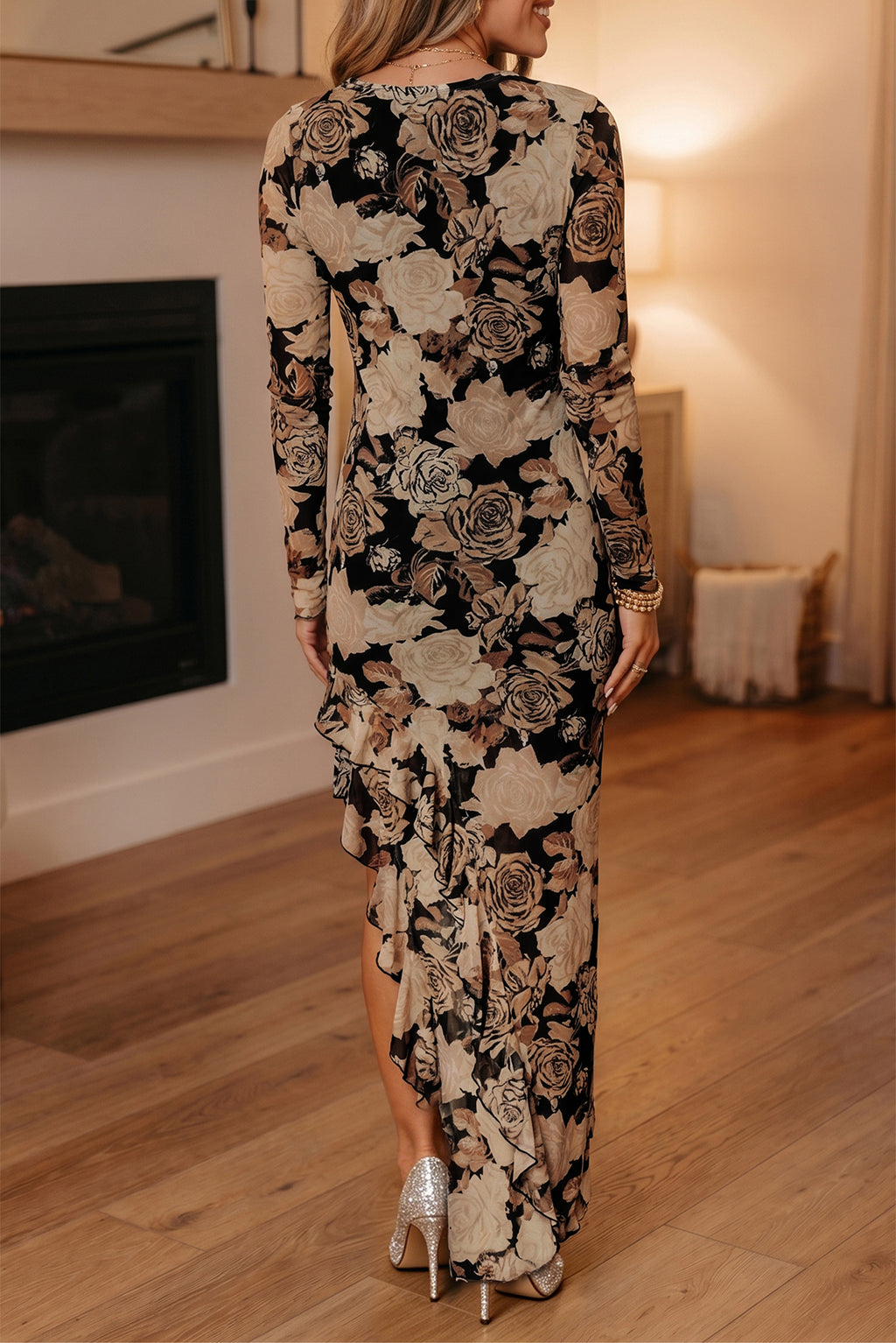 Black Floral Long Sleeve Asymmetric Ruffle Split Hem Mesh Dress