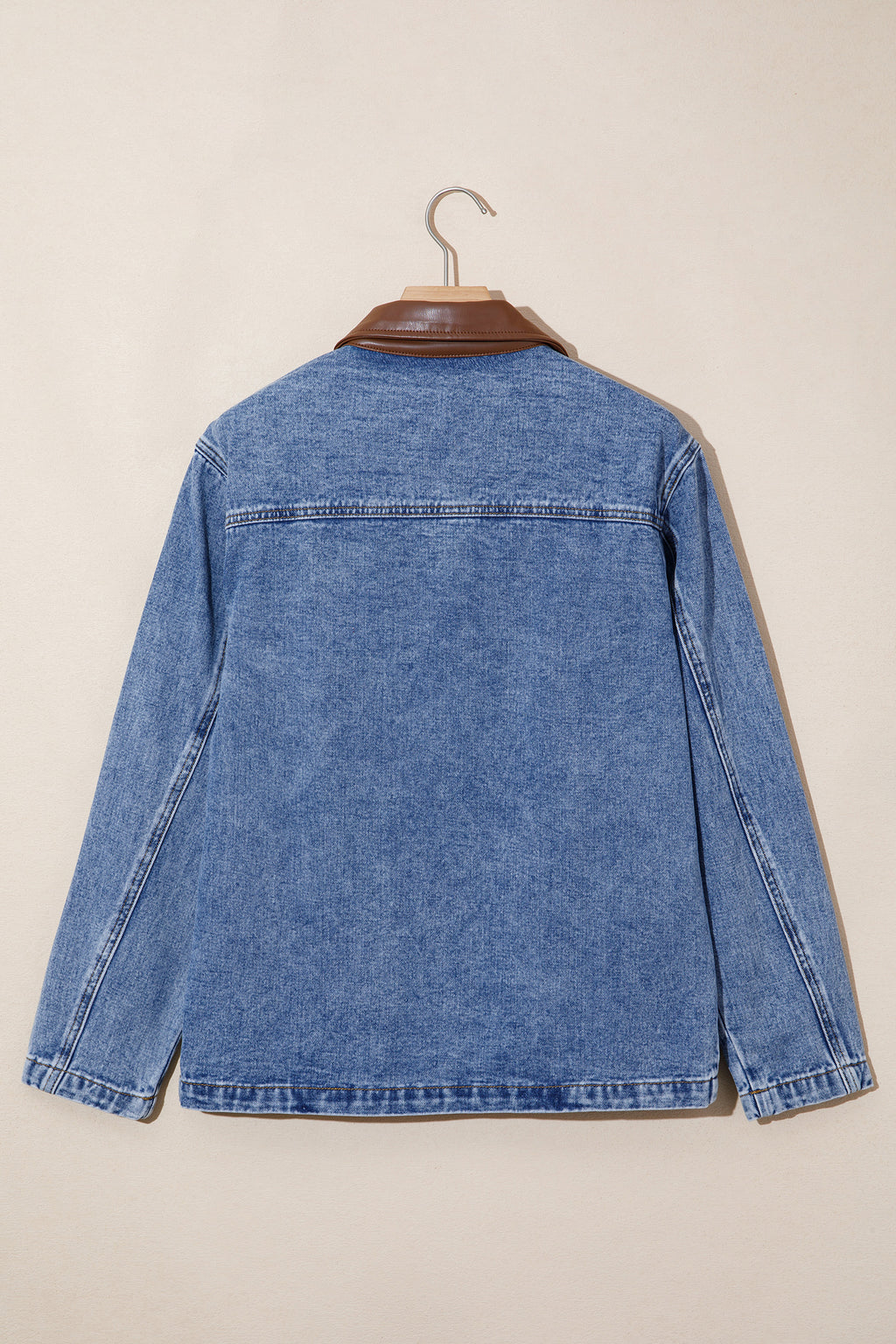 Sky Blue Patchwork Leather Collar Long Sleeve Denim Jacket