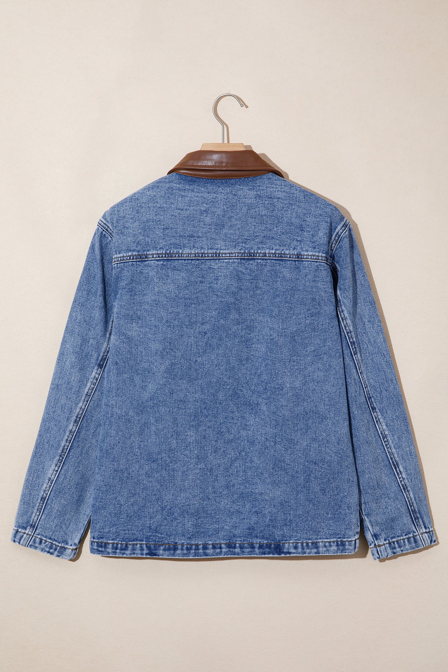 Sky Blue Patchwork Leather Collar Long Sleeve Denim Jacket