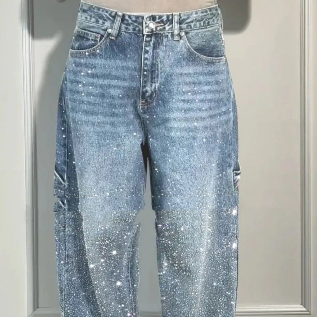 Shiny Straight-Leg Glitter Jeans with Pockets – Wide Leg Pants for Women