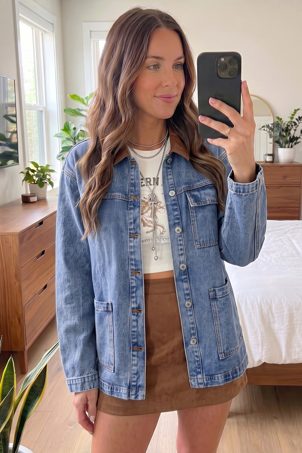 Sky Blue Patchwork Leather Collar Long Sleeve Denim Jacket