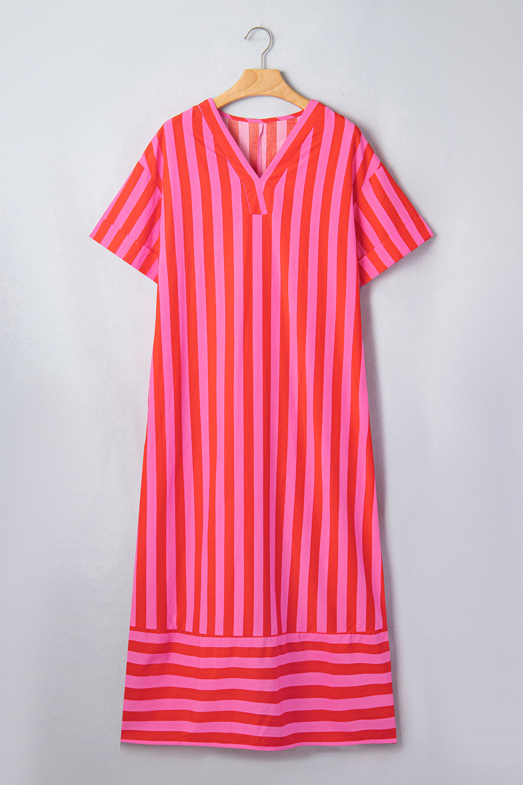 Red Stripe V Neck Cuffed Sleeve Relaxed Split Midi Dress