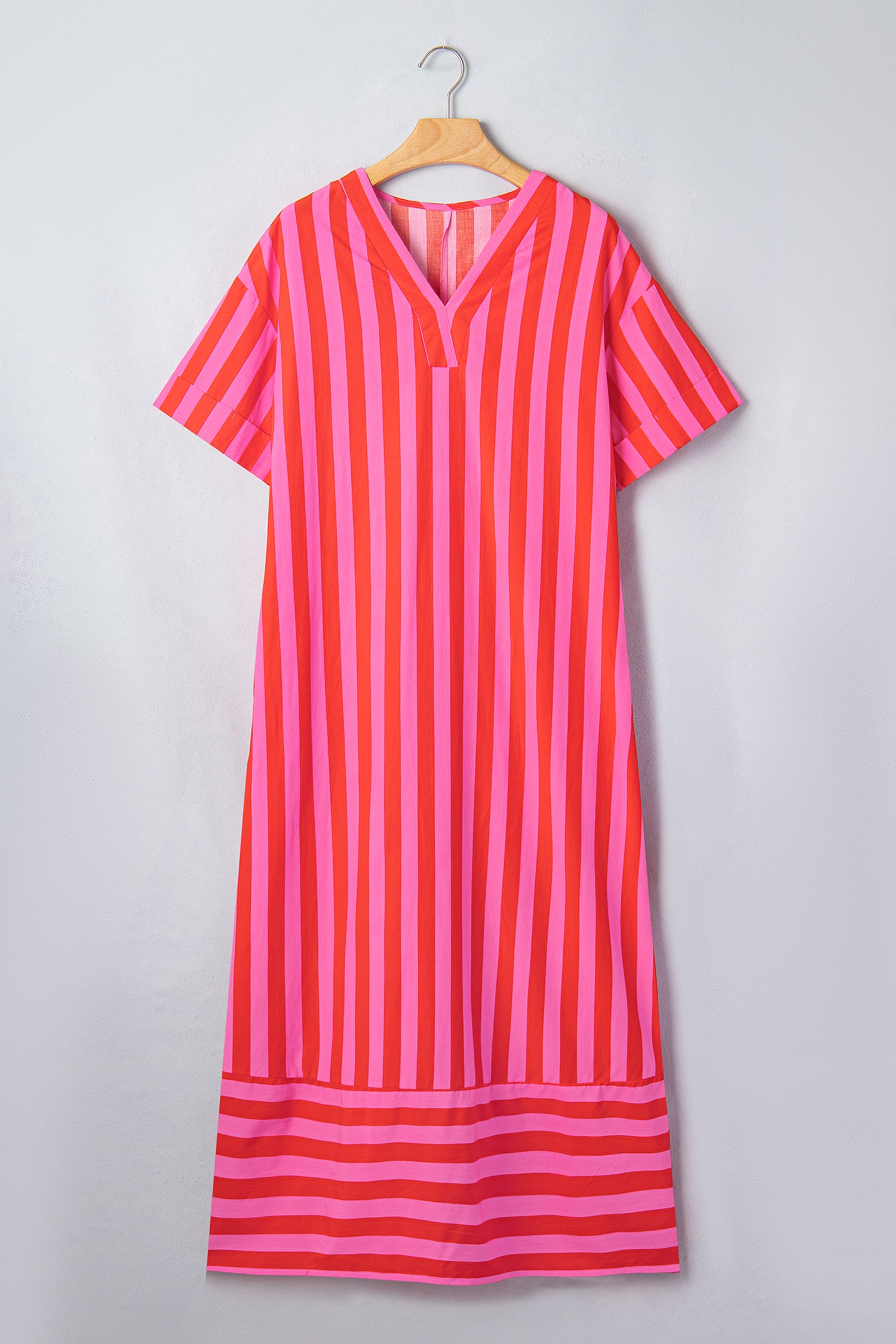Red Stripe V Neck Cuffed Sleeve Relaxed Split Midi Dress