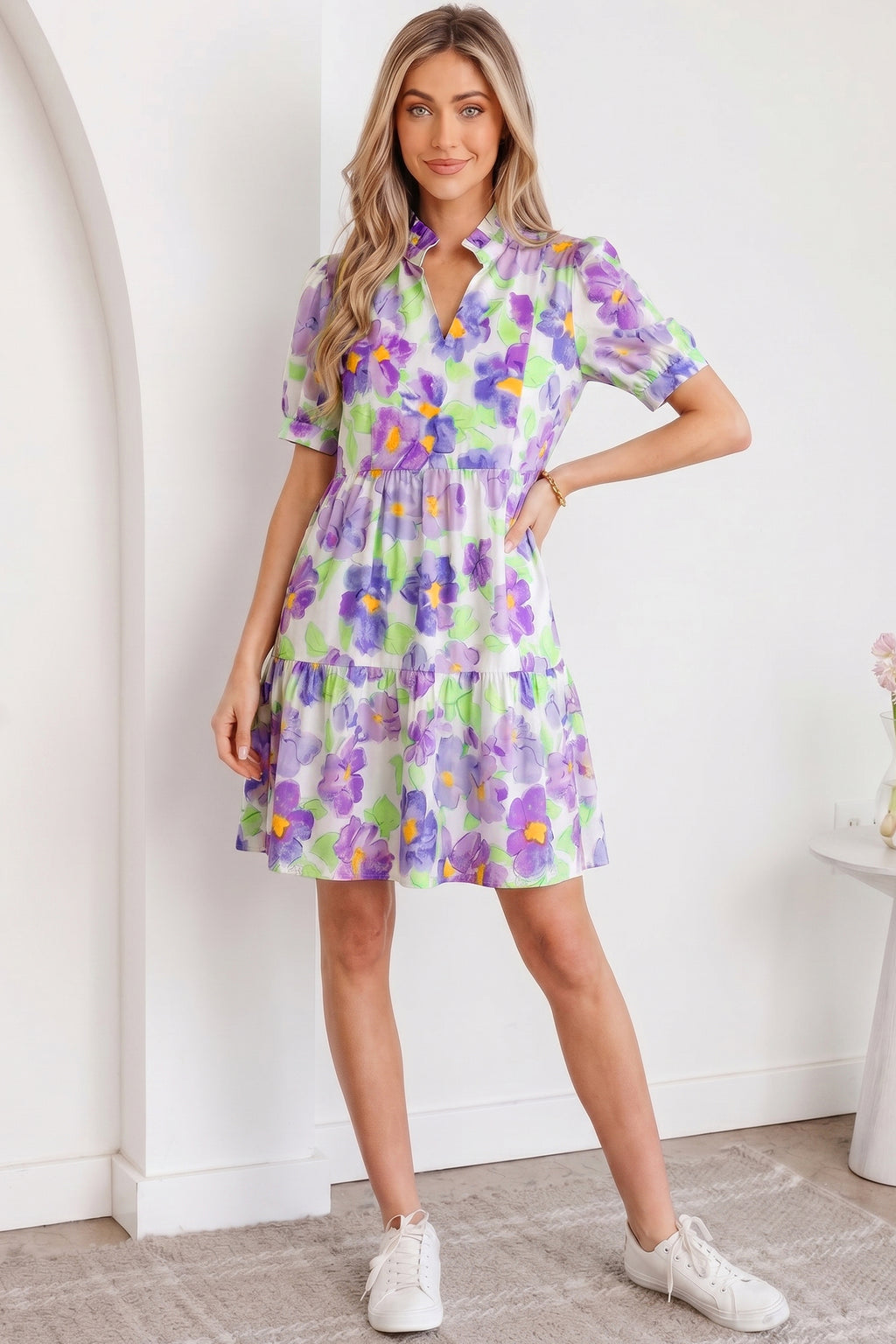 Purple Floral V Collar Short Sleeve Tiered Ruffle Mini Dress