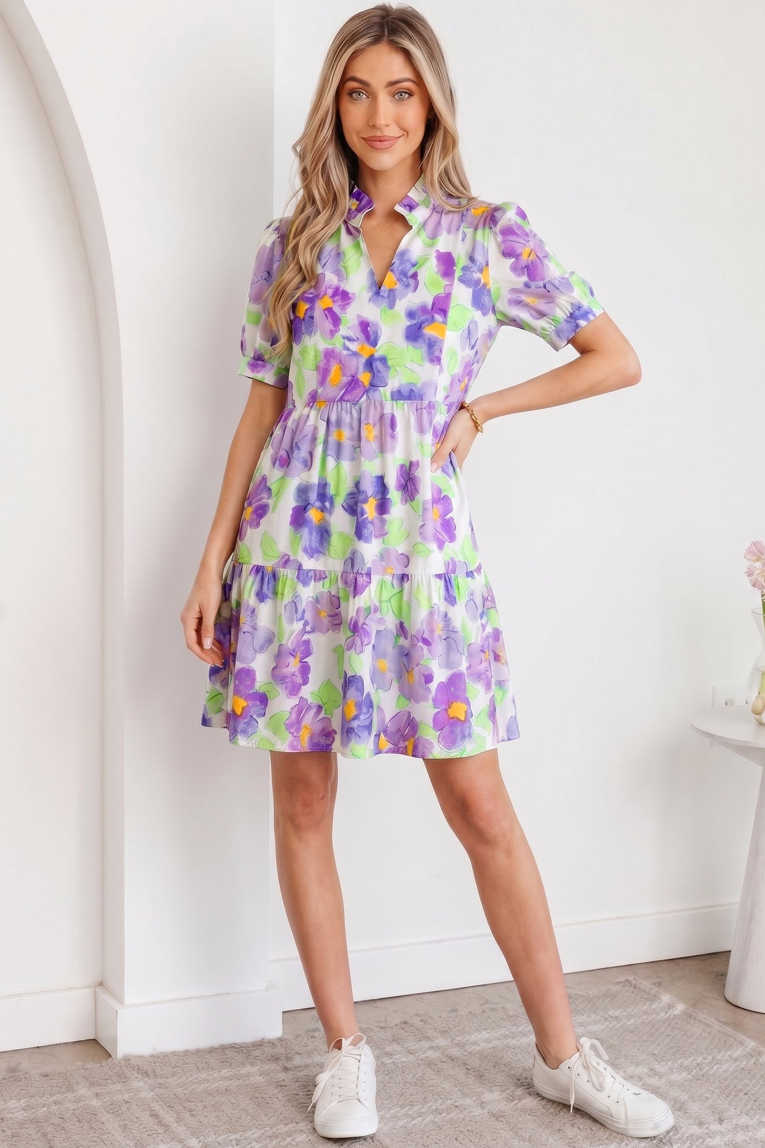 Purple Floral V Collar Short Sleeve Tiered Ruffle Mini Dress