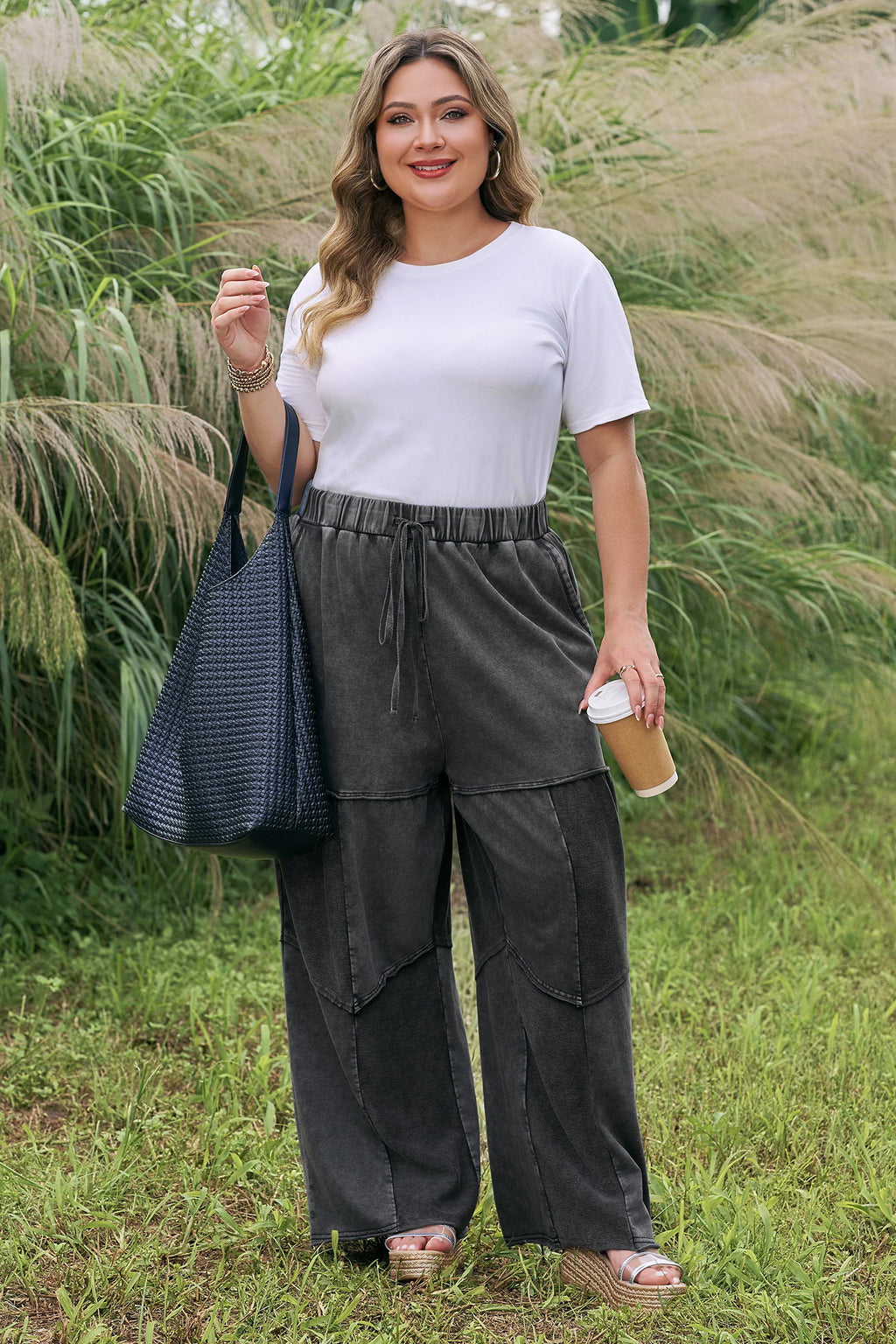 Black Plus Size Mineral Wash Exposed Seam Patchwork Drawstring Loose Pants