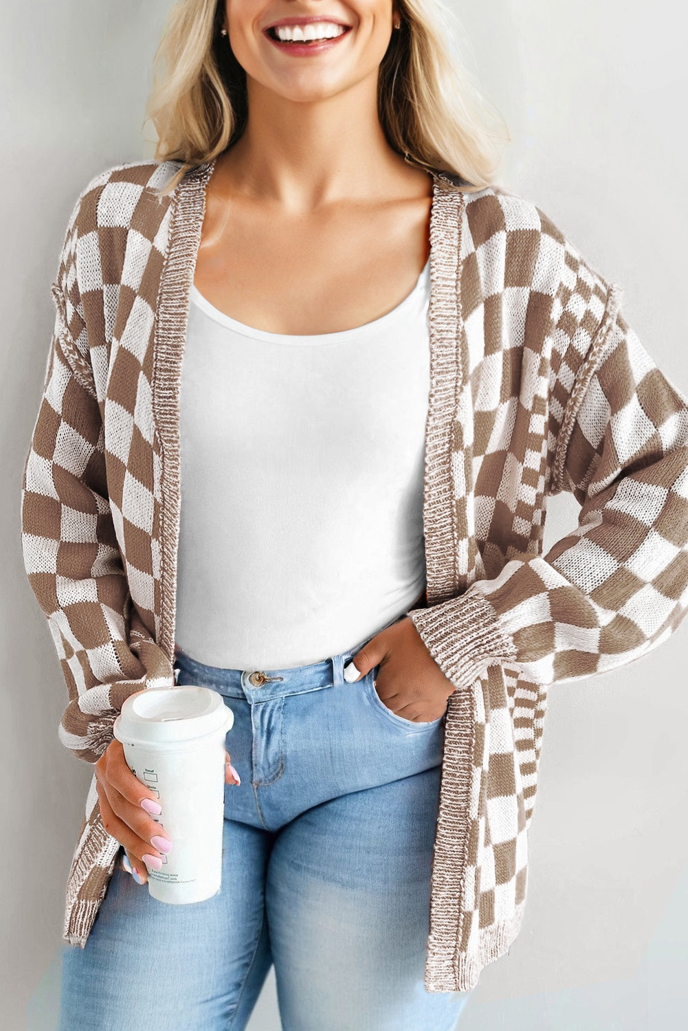 Orange Plus Size Checkered Bubble Sleeve Drop Shoulder Open Cardigan
