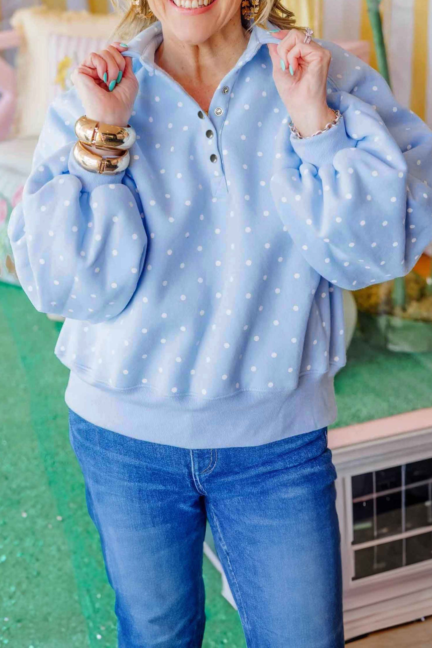 Sky Blue Polka Dot V Neck Metal Button Long Sleeve Shift Plus Size Sweatshirt