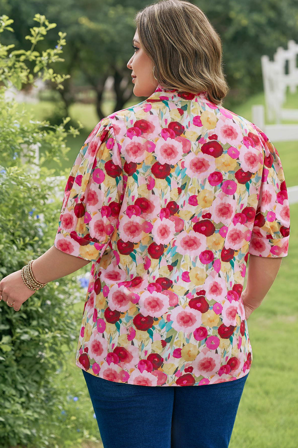 Pink Plus Size Flower Print Split V Neck Puff Short Sleeve Top